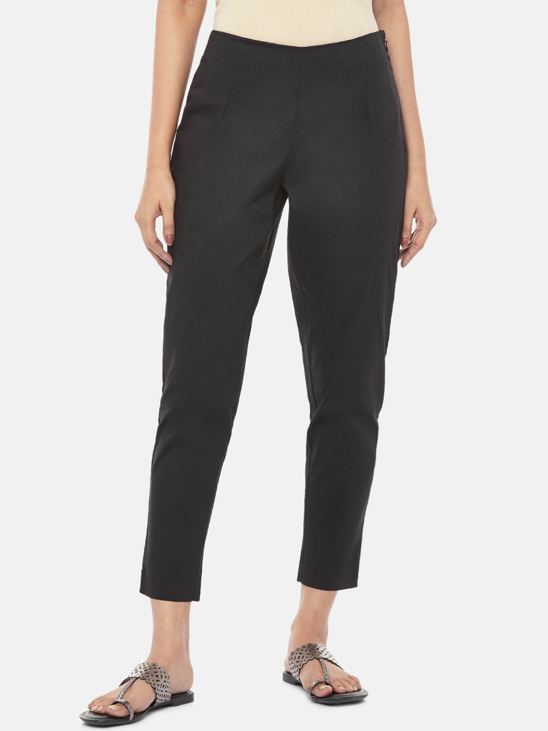 RANGMANCH BY PANTALOONS Women Black Regular Fit Solid Cigarette Trousers Price in India