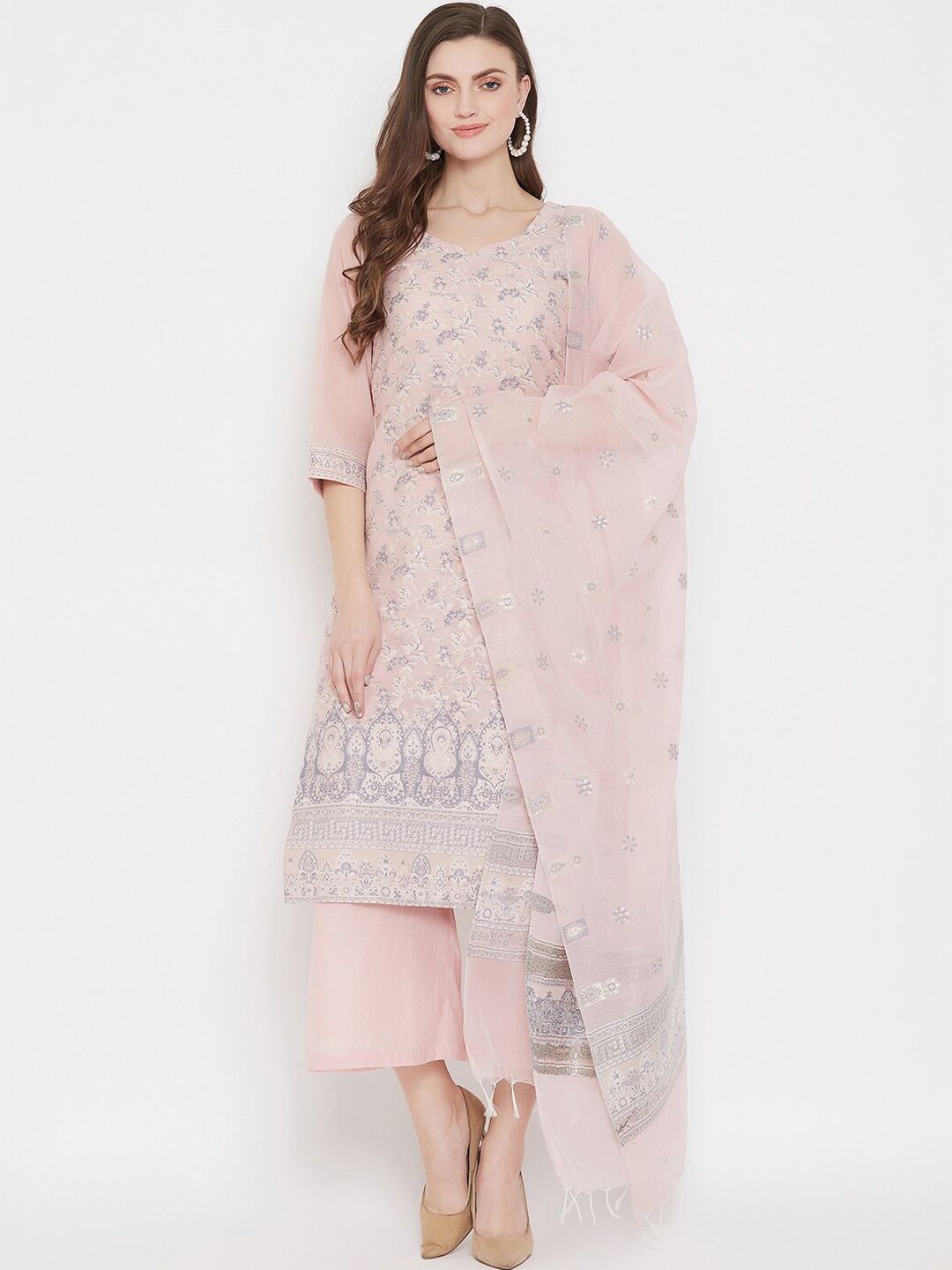 Safaa Peach-Coloured & Grey Cotton Blend Woven Design Unstitched Dress Material For Summer Price in India