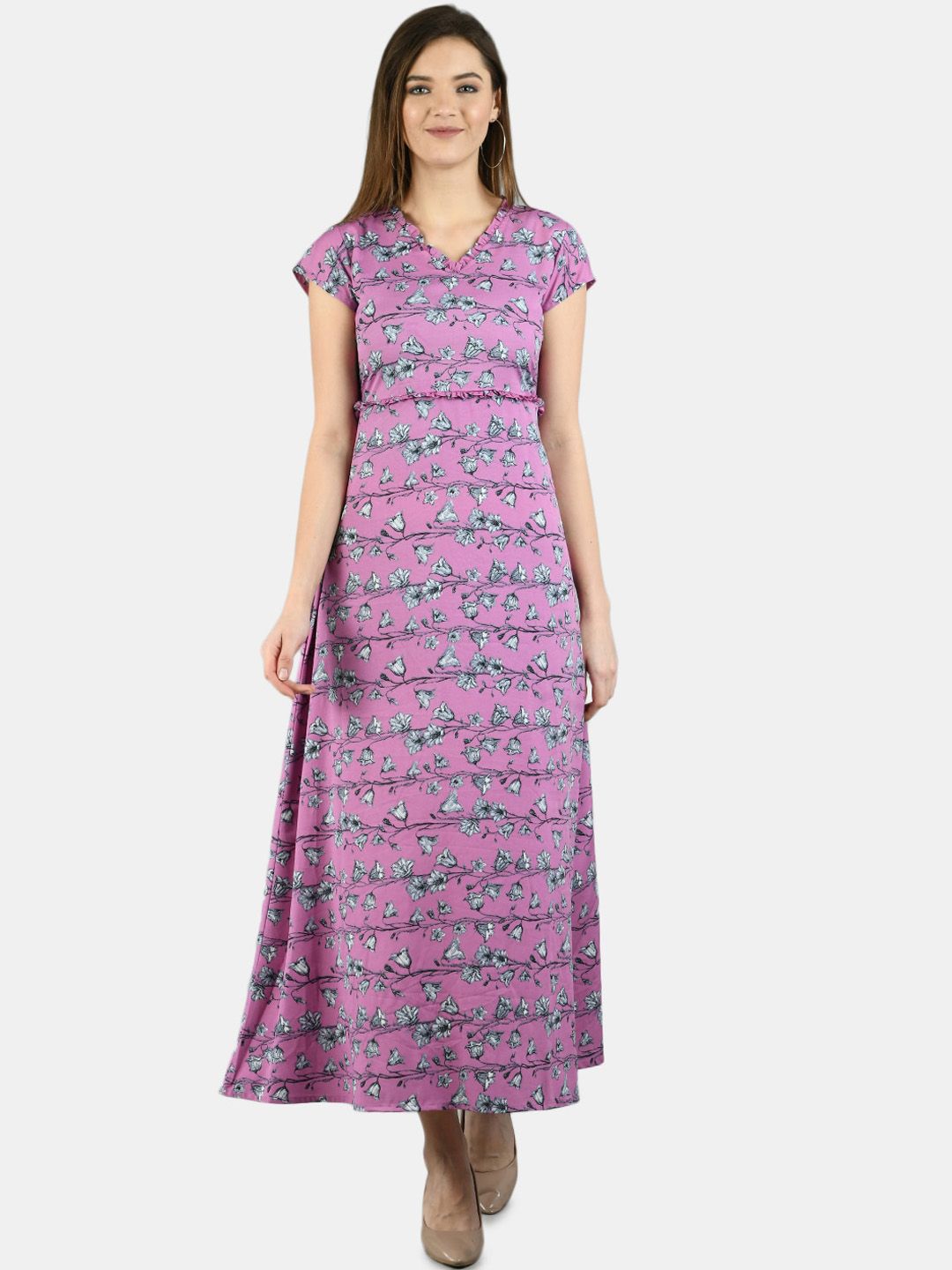 Myshka Women Purple & Blue Floral Printed Maxi Dress Price in India