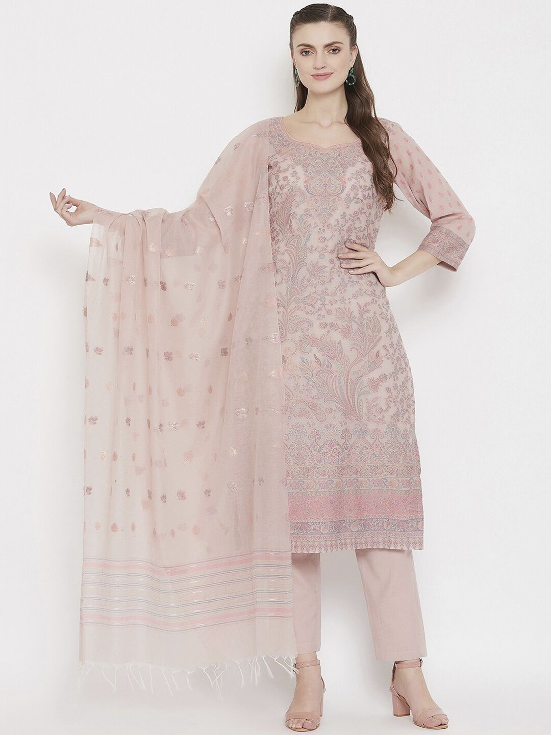 Safaa Pink & Purple Cotton Blend Woven Design Unstitched Dress Material For Summer Price in India