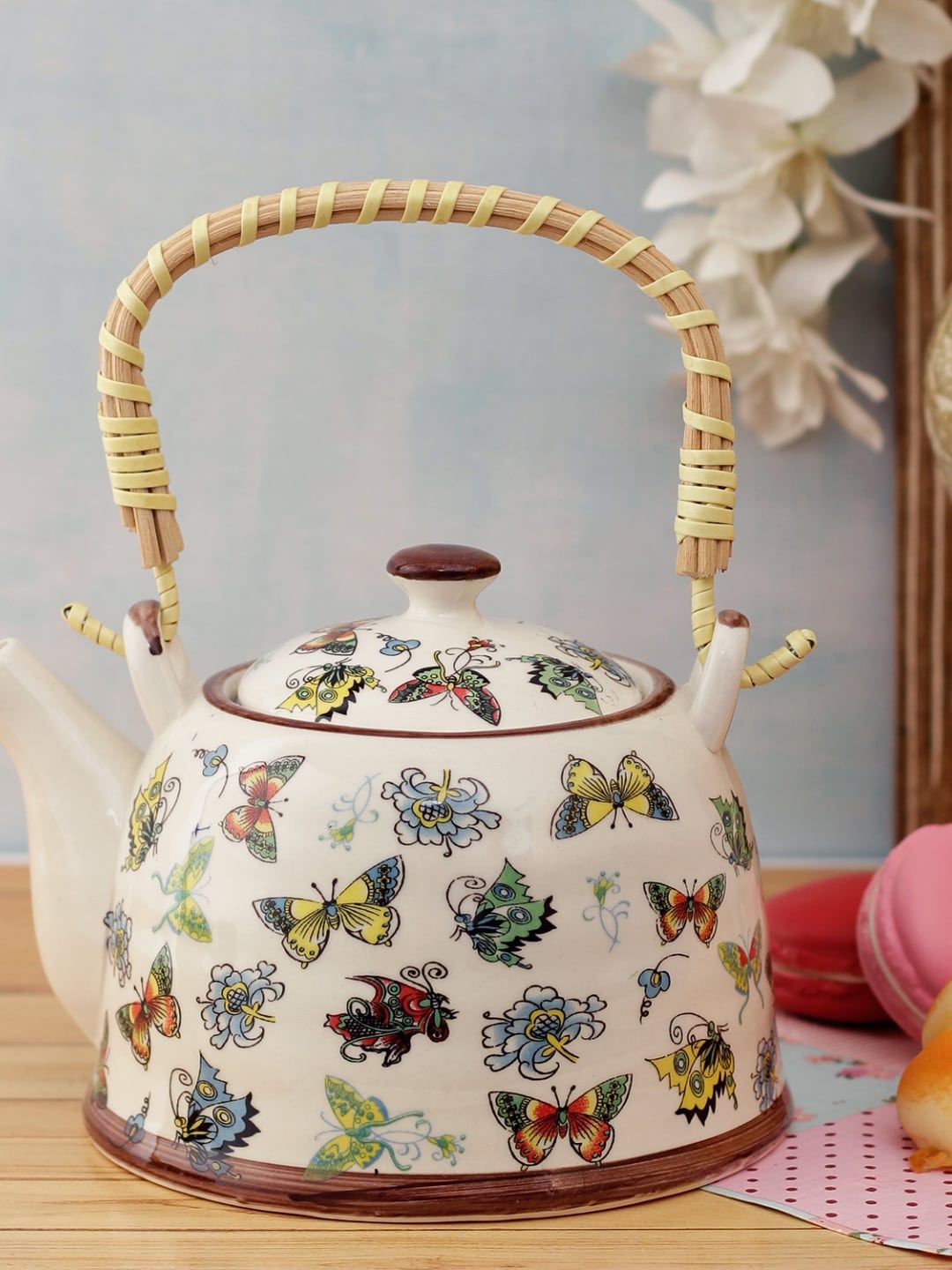 A Vintage Affair- Home Decor White & LavenderPrinted Ceramic Kettle Set Price in India