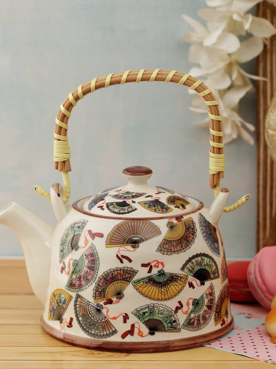 A Vintage Affair- Home Decor White & Beige Printed Ceramic Tea Kettle Price in India