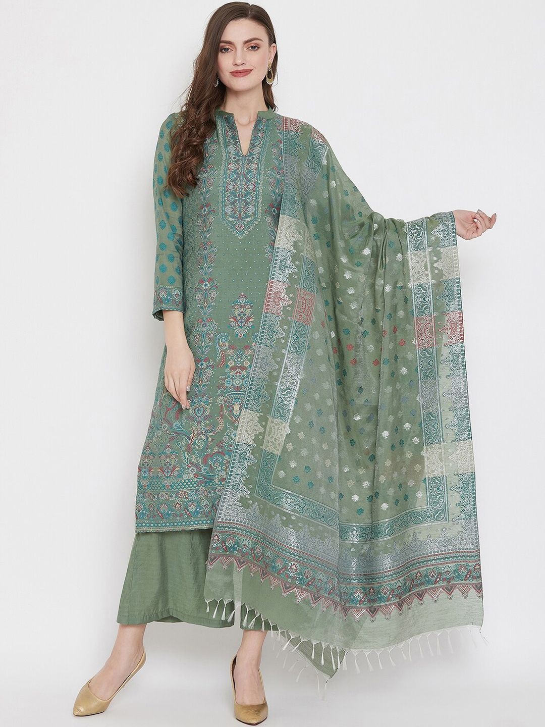 Safaa Sea Green & Silver-Toned Cotton Blend Woven Design Unstitched Dress Material For Summer Price in India