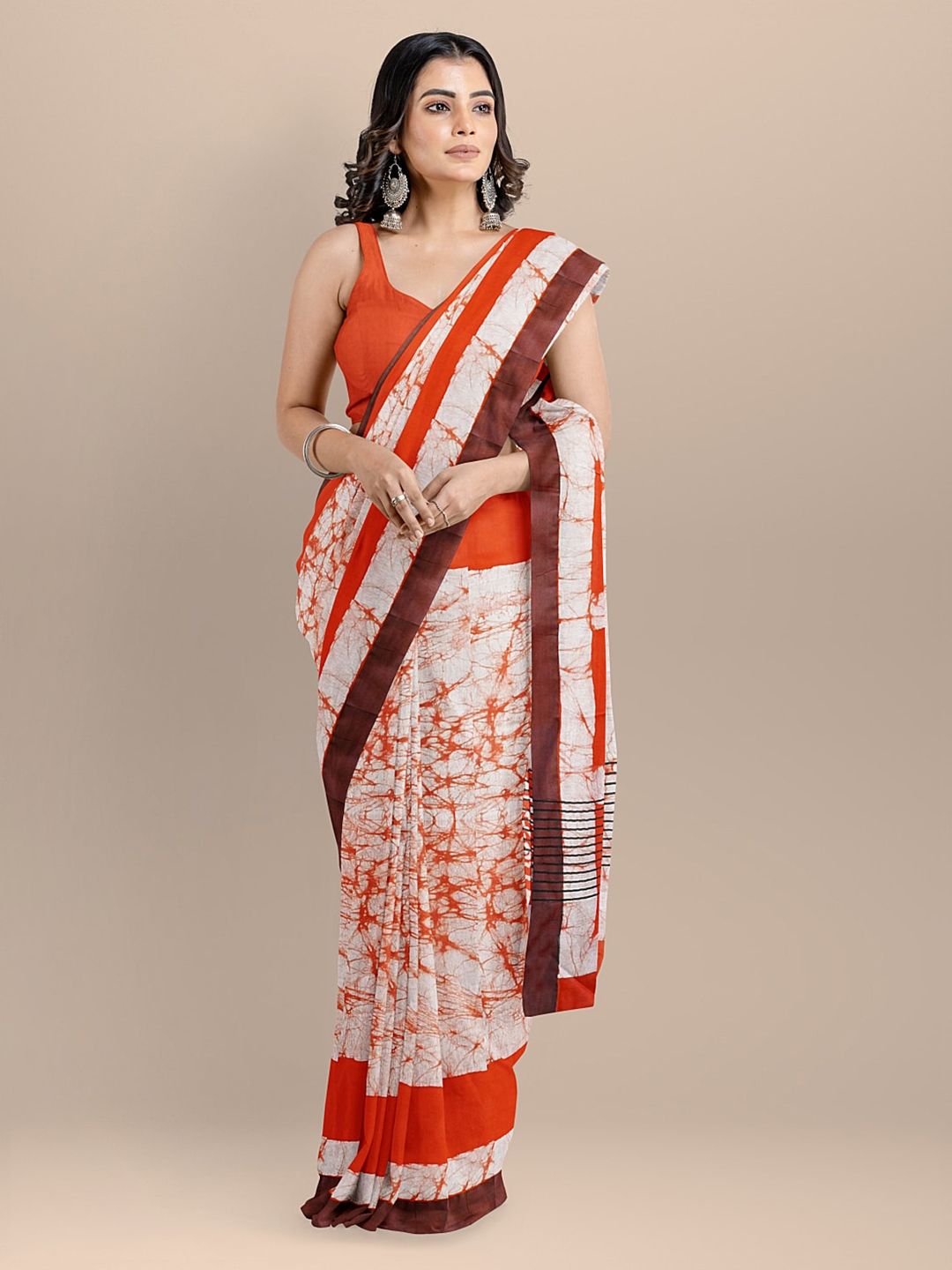 BharatSthali Orange Printed Narayan Peth Saree