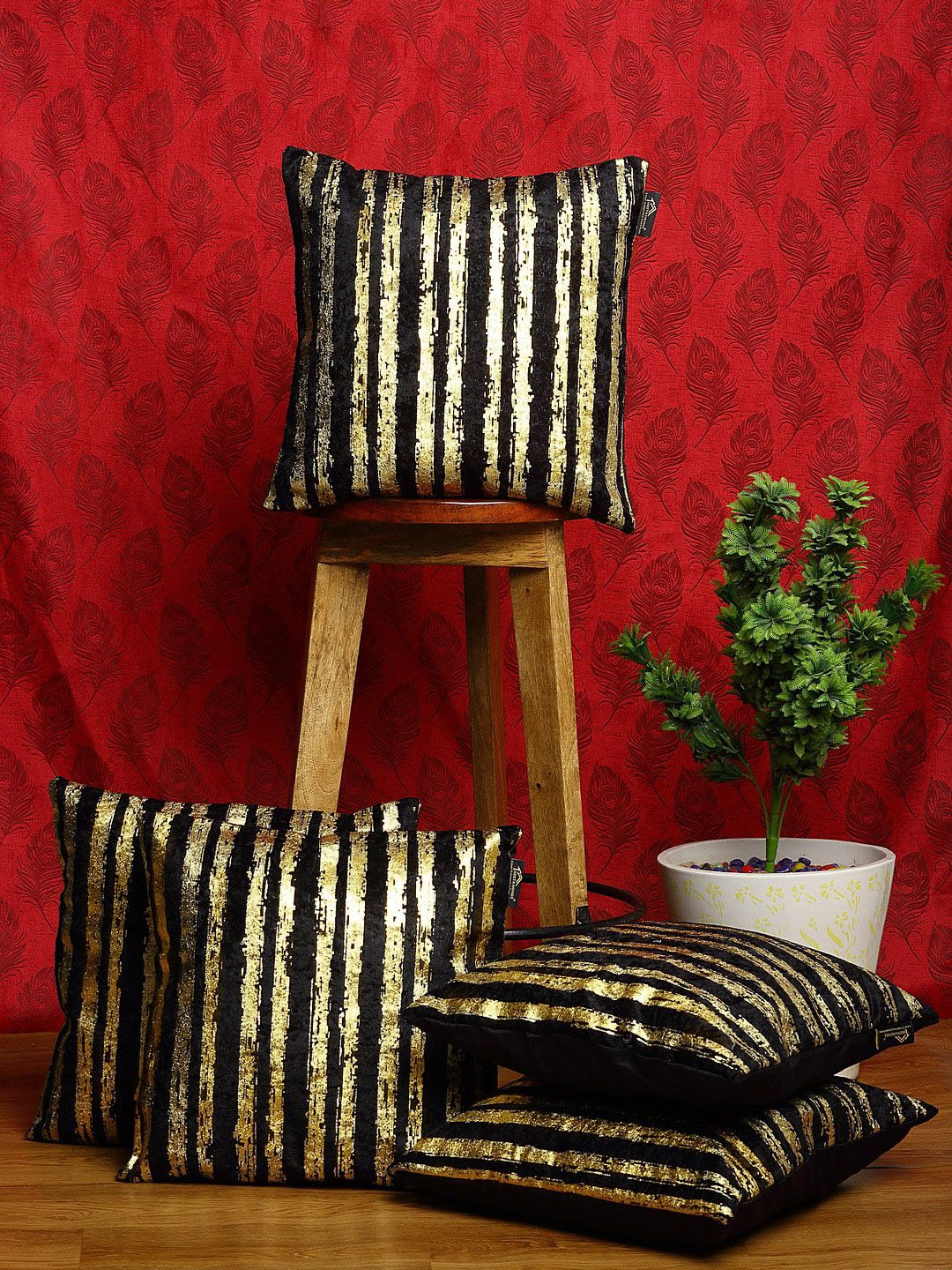 HOSTA HOMES Black & Gold-Toned Set of 5 Velvet Square Cushion Covers Price in India