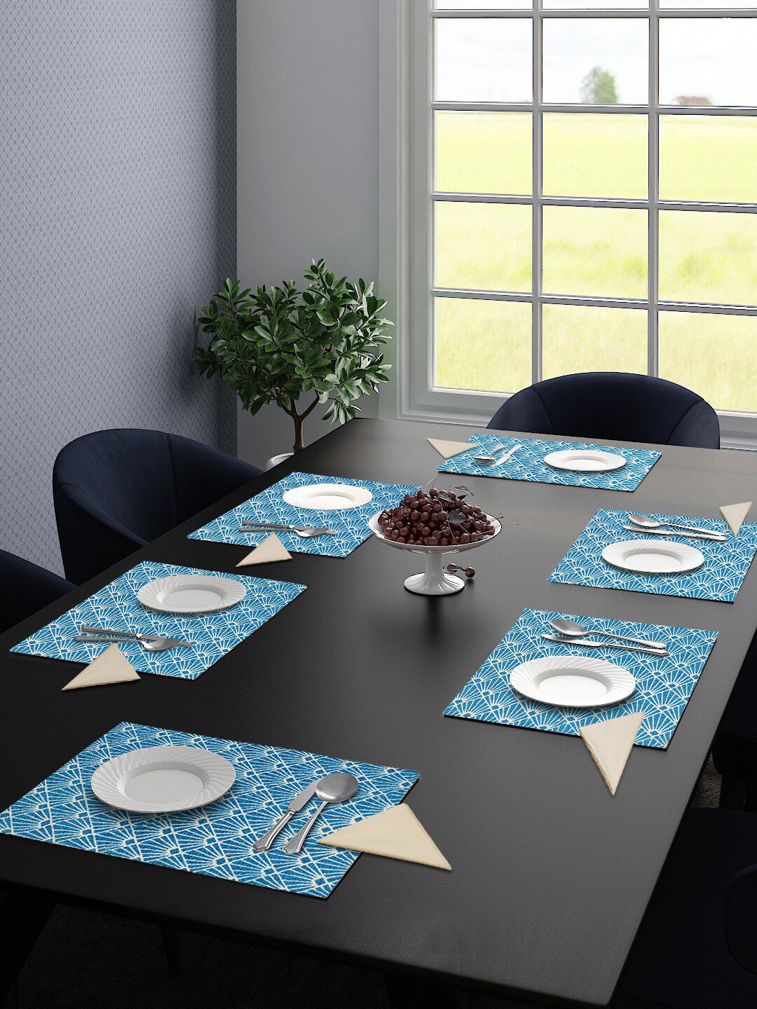 Saral Home Set Of 6 Blue & White Geometric Woven-Design Sustainable Table Placemats