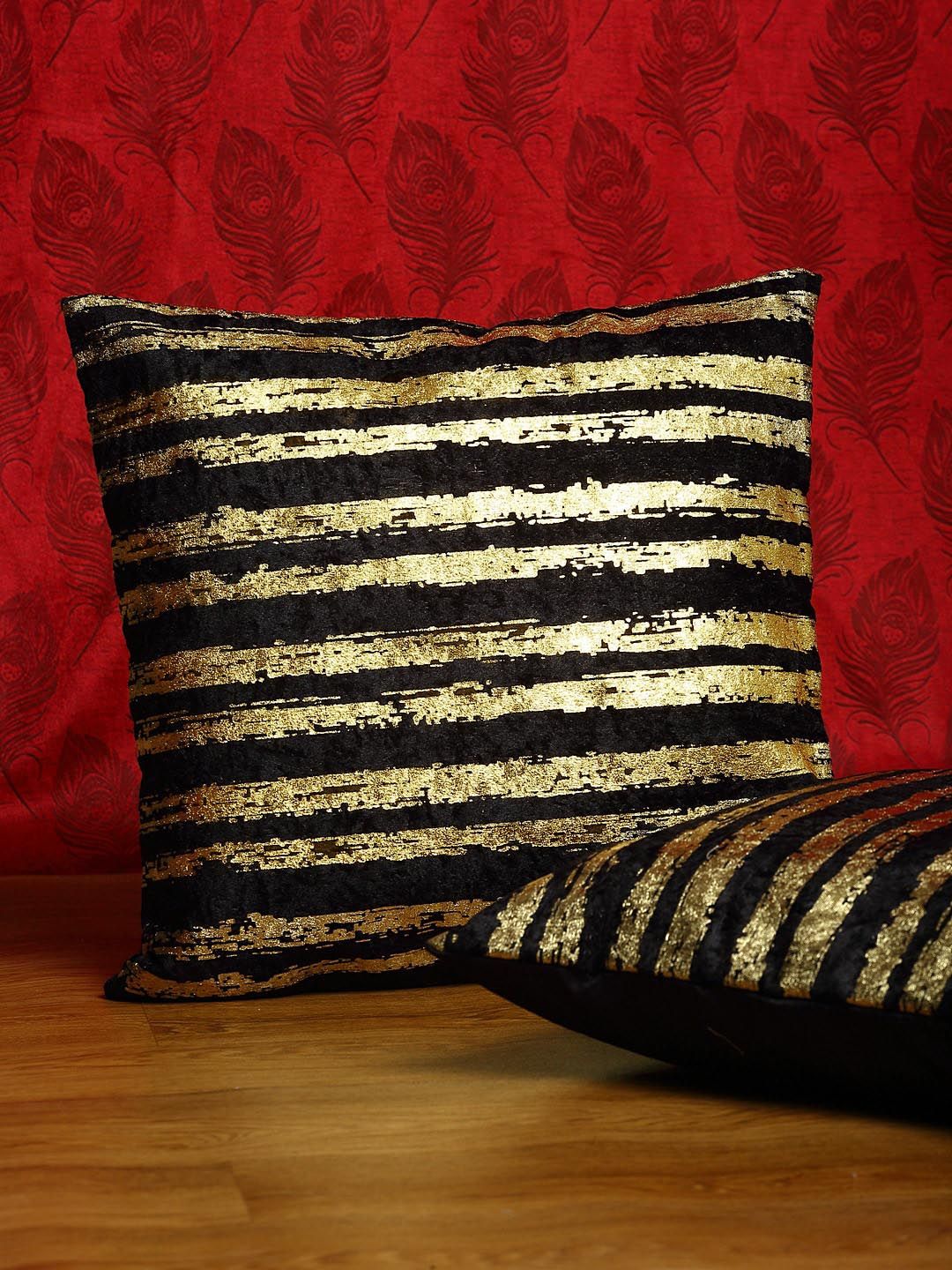 HOSTA HOMES Black & Gold-Toned Set of 2 Striped Velvet Square Cushion Covers Price in India