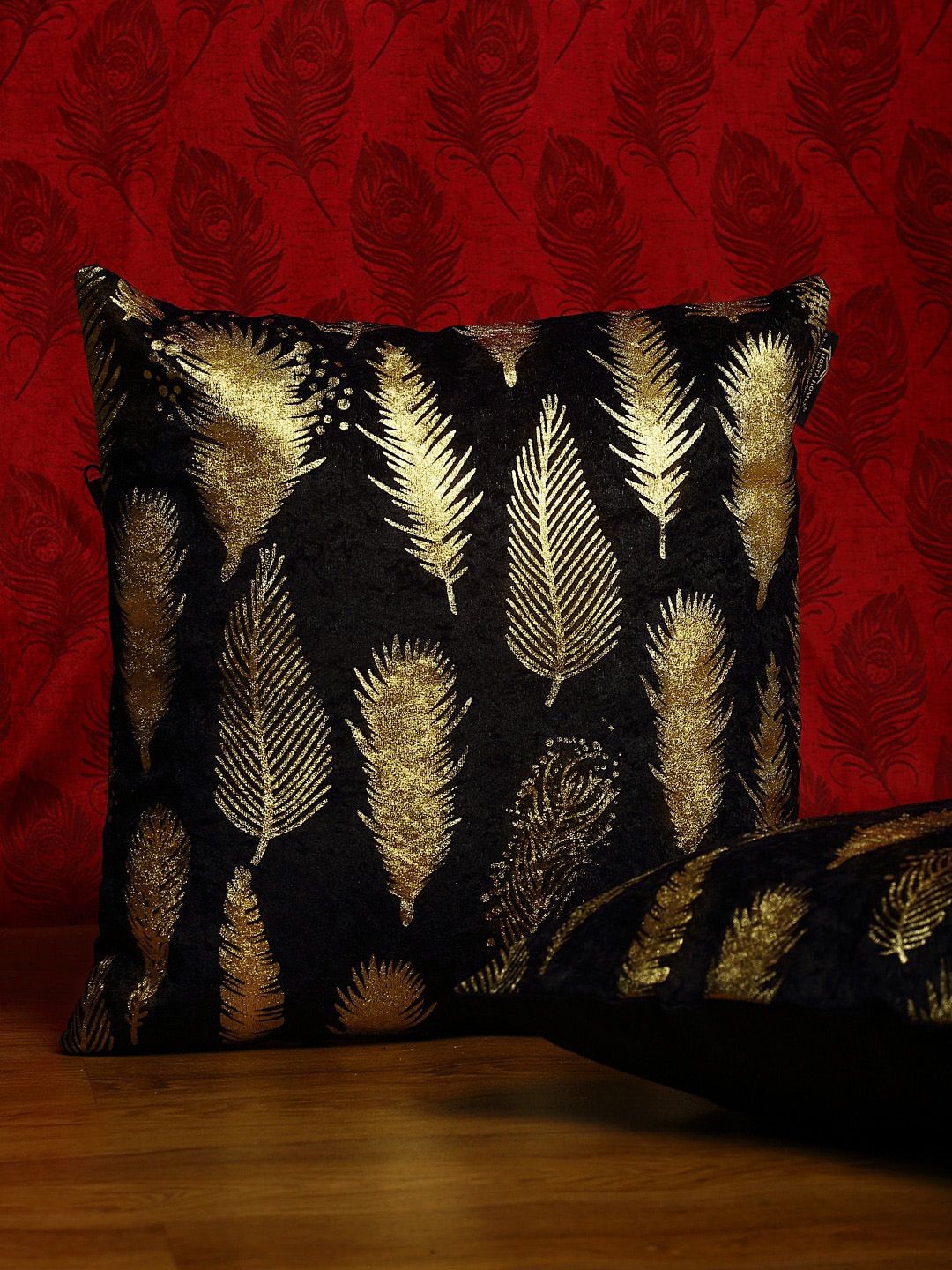 HOSTA HOMES Black & Gold-Toned Set of 2 Embellished Square Cushion Covers Price in India