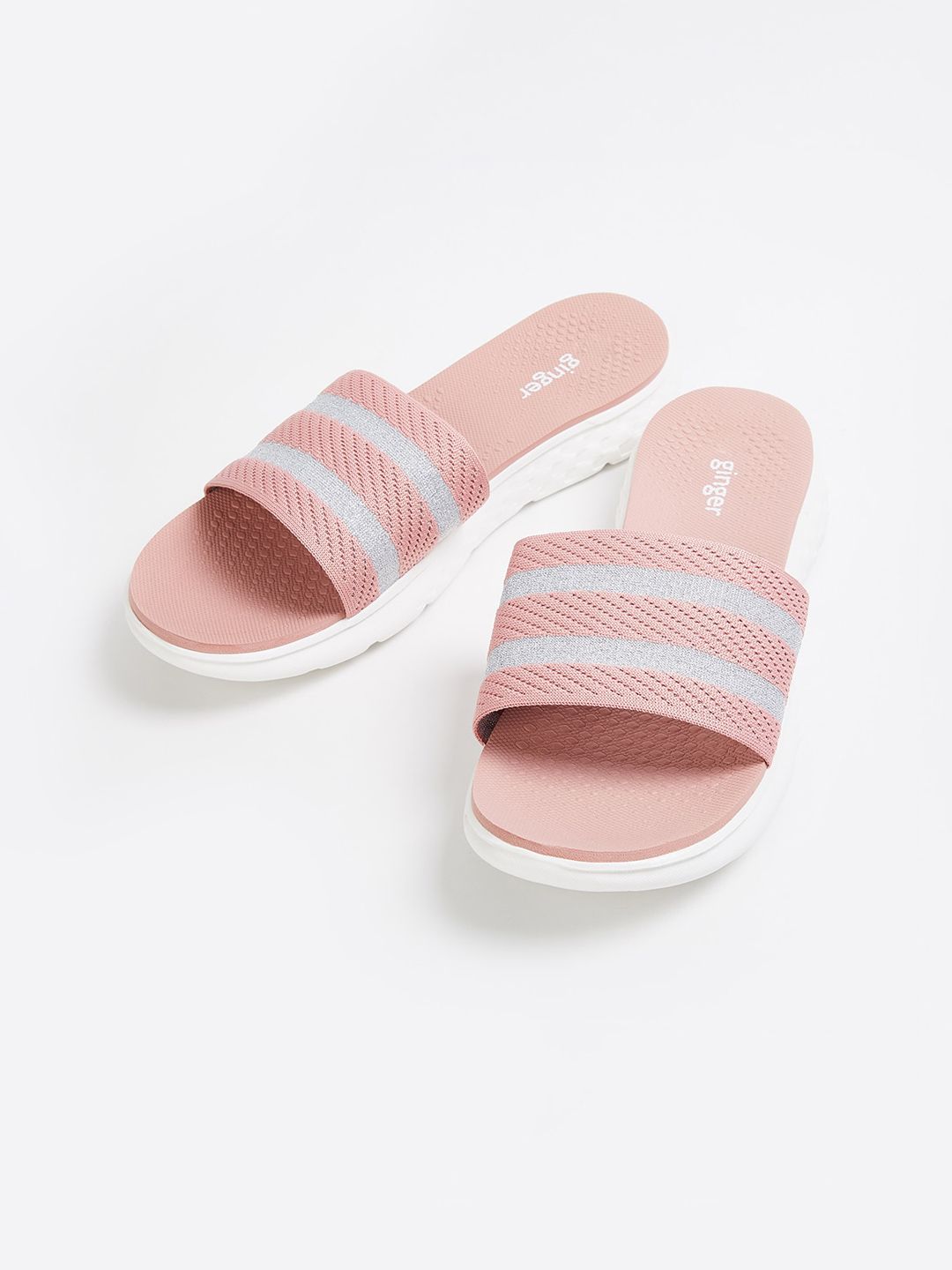 Ginger by Lifestyle Women Pink & Grey Striped Sliders Price in India