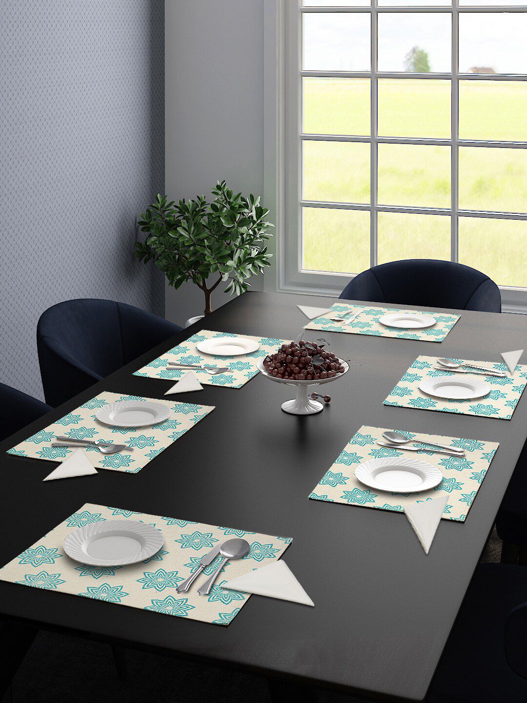 Saral Home Set Of 6 Sea Green & White Floral Woven Design Sustainable Table Placemats
