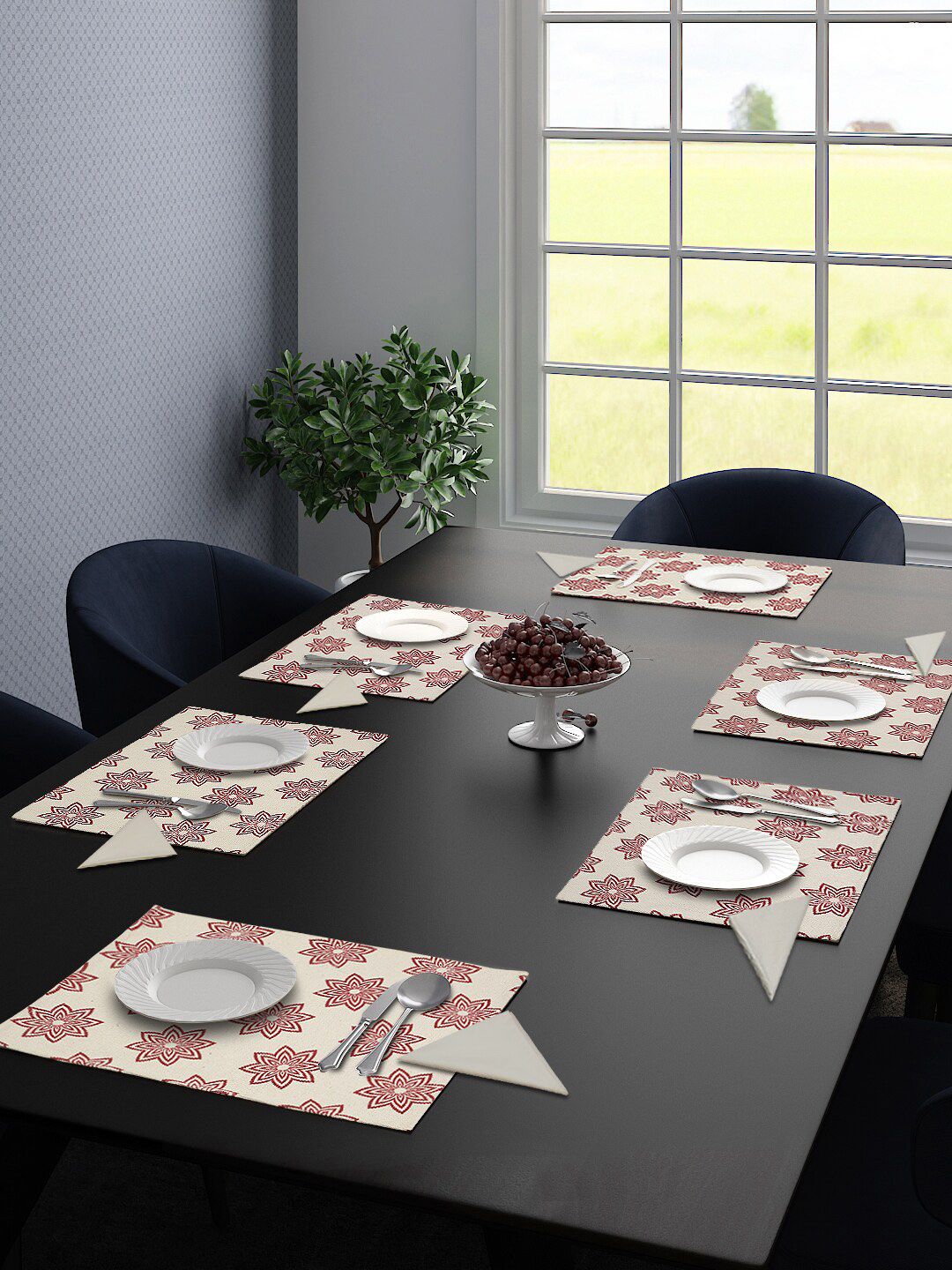 Saral Home Set Of 6 Red & Beige Floral Woven Design Table Placemats