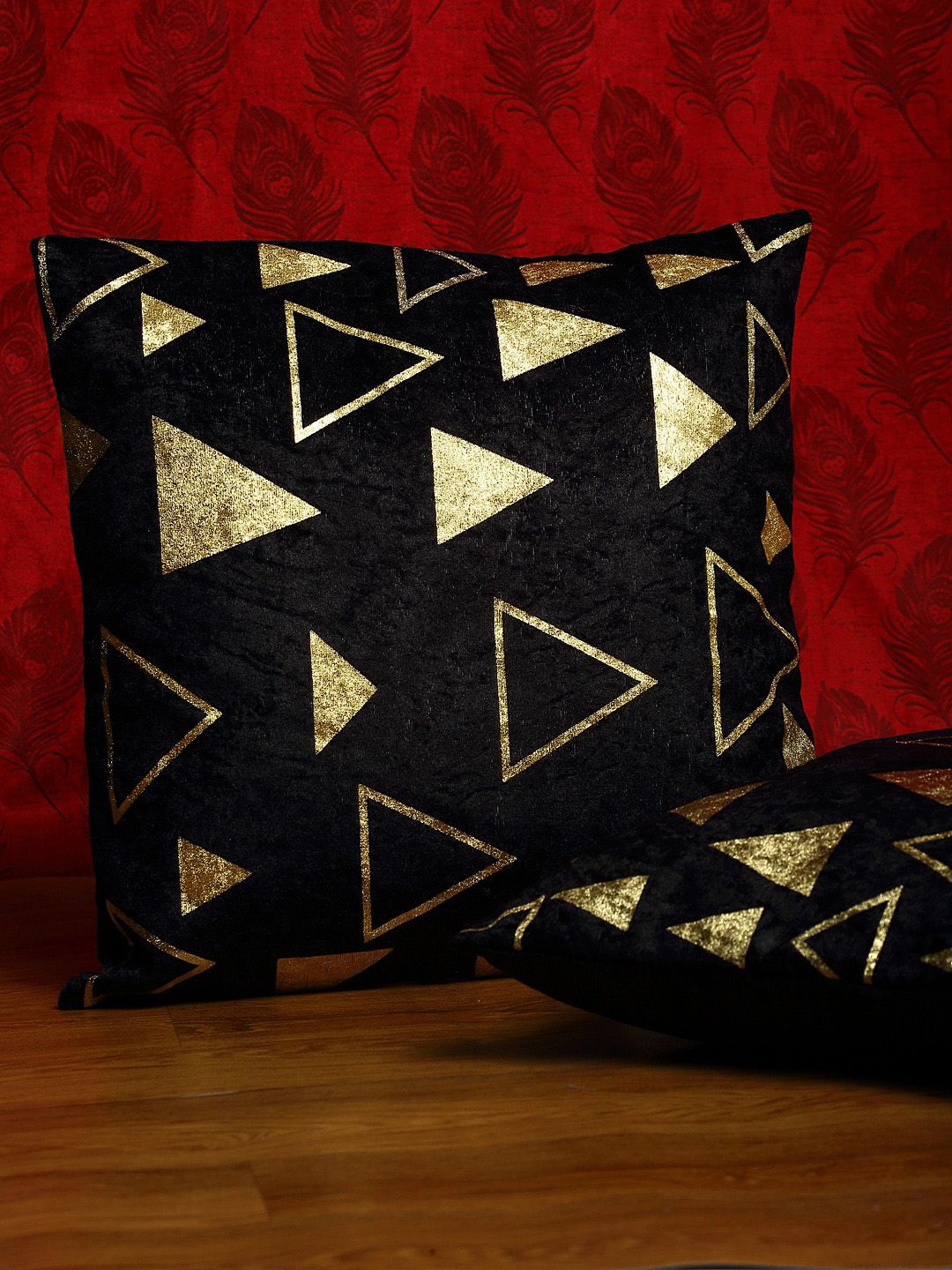HOSTA HOMES Set Of 2 Black & Gold-Toned Geometric Square Cushion Covers Price in India