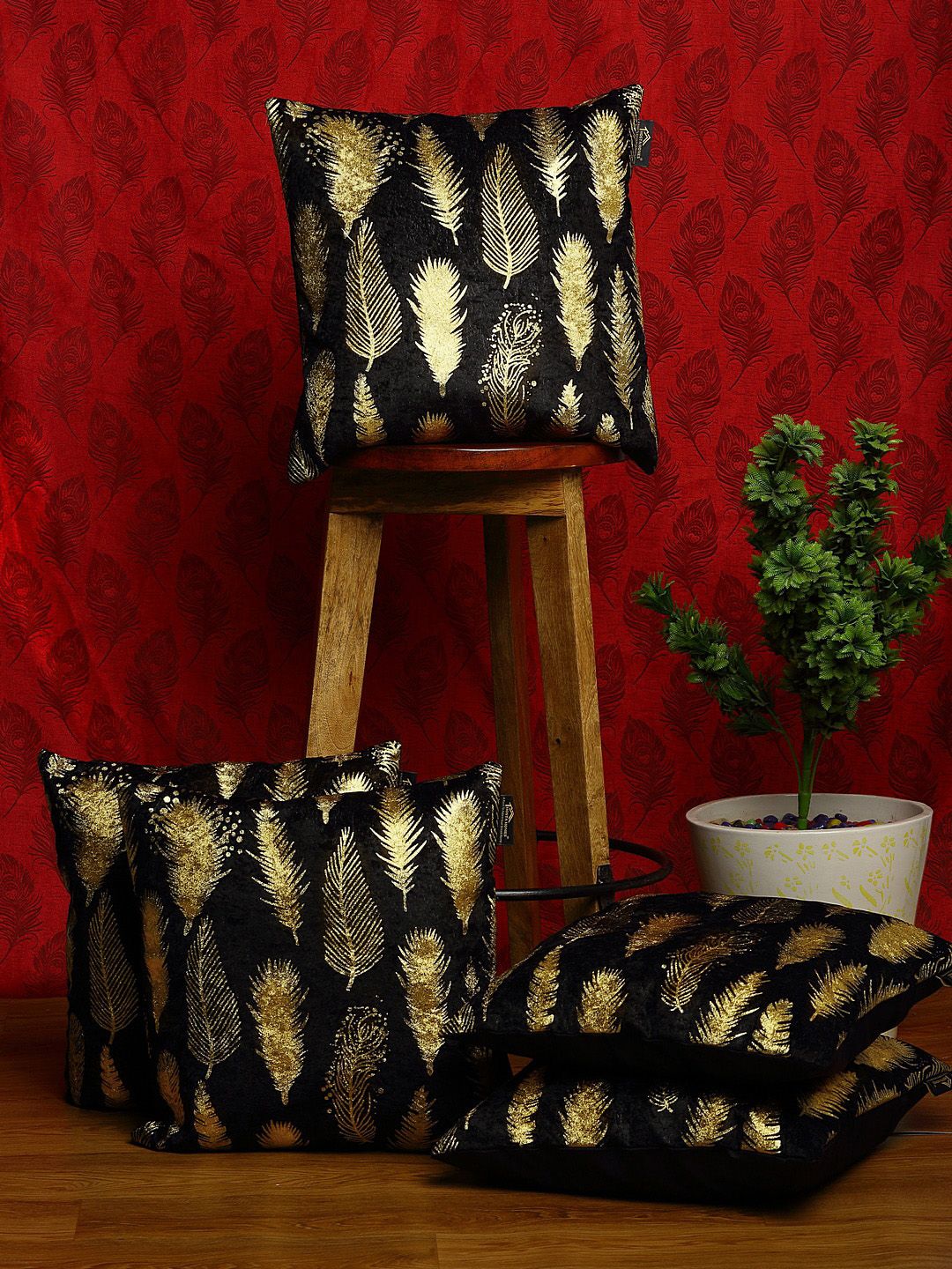 HOSTA HOMES Black & Gold-Toned Set of 5 Geometric Square Cushion Covers Price in India