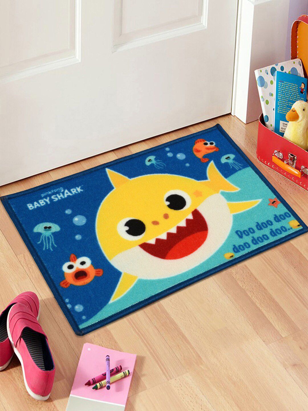 Saral Home Blue & White Baby Shark Printed Anti-Skid Doormat Price in India
