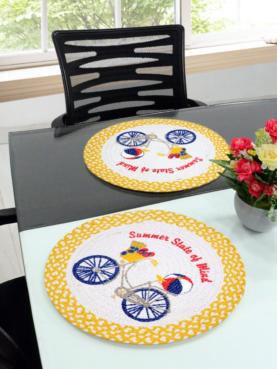 Saral Home Set Of 2 Yellow & Beige Woven Design Sustainable Circular Table Placemats Price in India