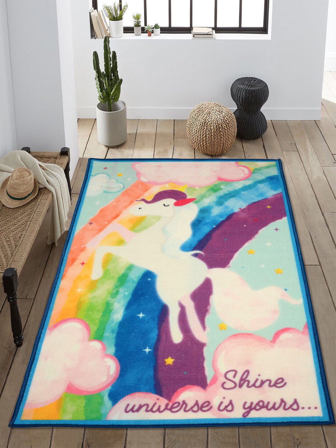 Saral Home Blue & White Unicorn Printed Anti-Skid Carpet Price in India