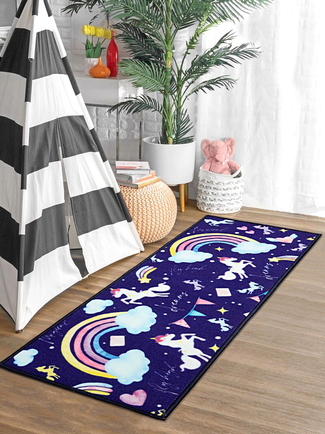 Saral Home Blue & White Unicorn Printed Anti-Skid Runner Price in India