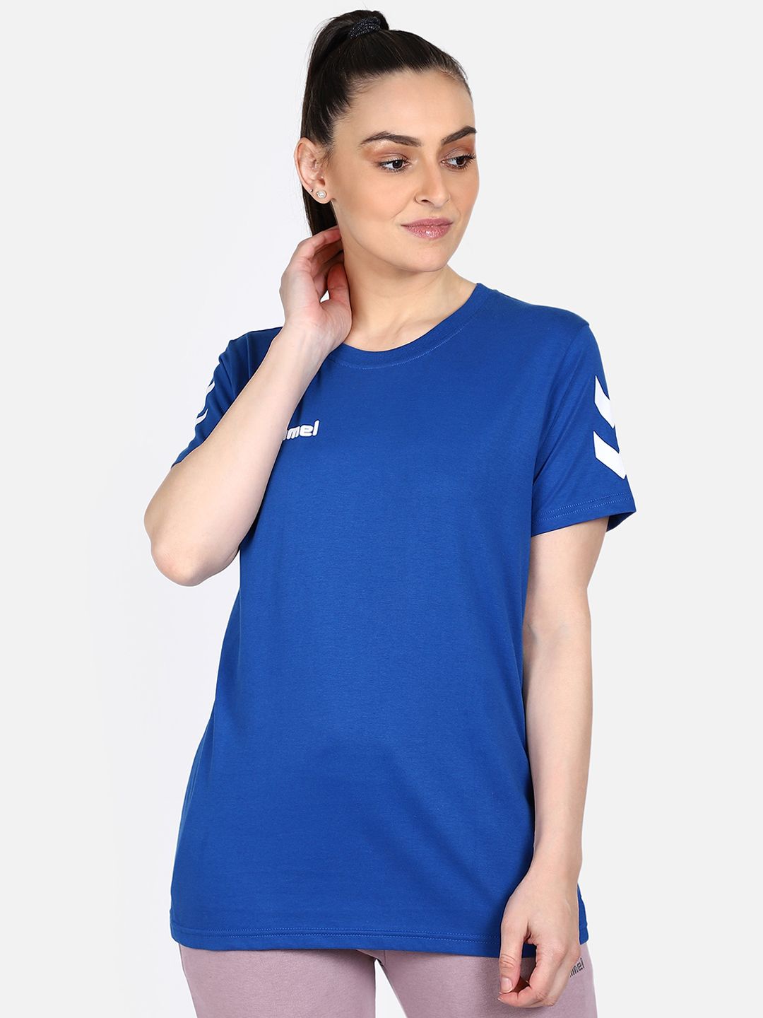 hummel Women Blue Solid Round Neck T-shirt