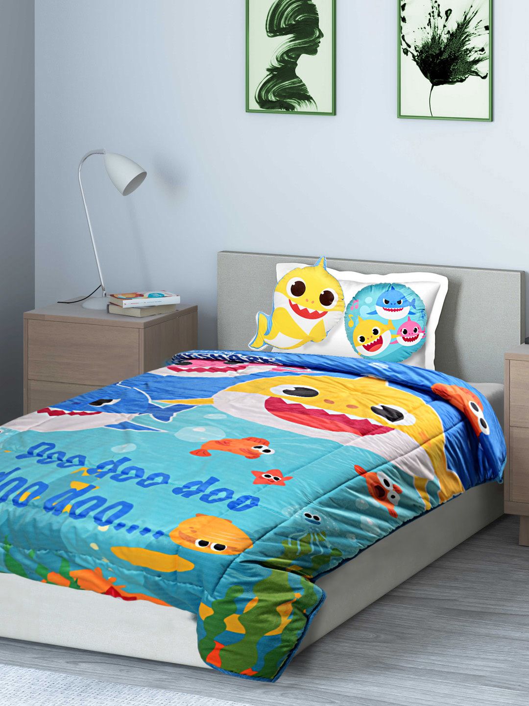 Saral Home Blue & Yellow Baby Shark Printed AC Room 210 GSM Velvet Single Bed Quilt Price in India