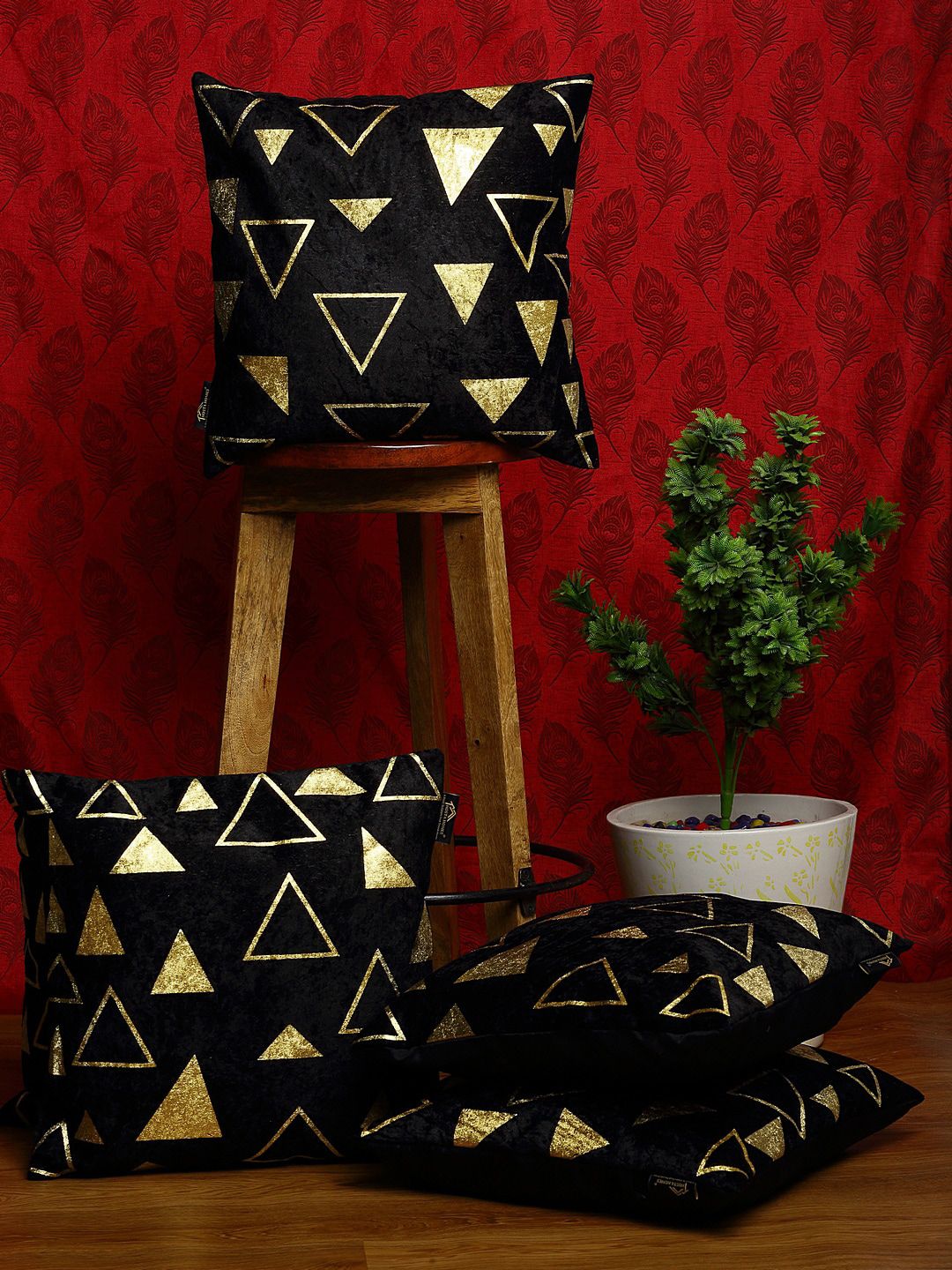 HOSTA HOMES Black & Gold-Toned Set of 5 Geometric Square Cushion Covers Price in India