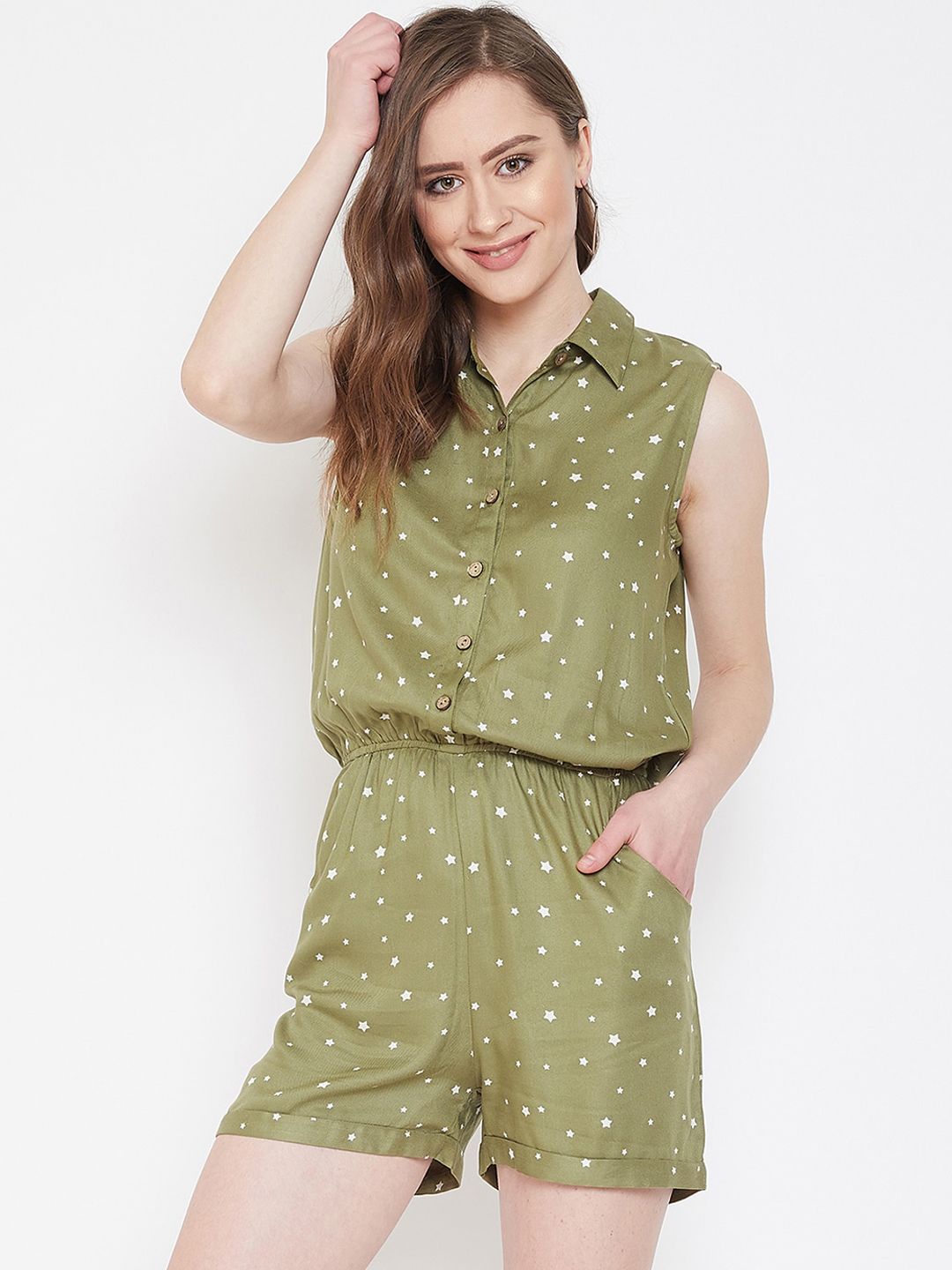 Ruhaans Women Green & White Printed Playsuit Price in India