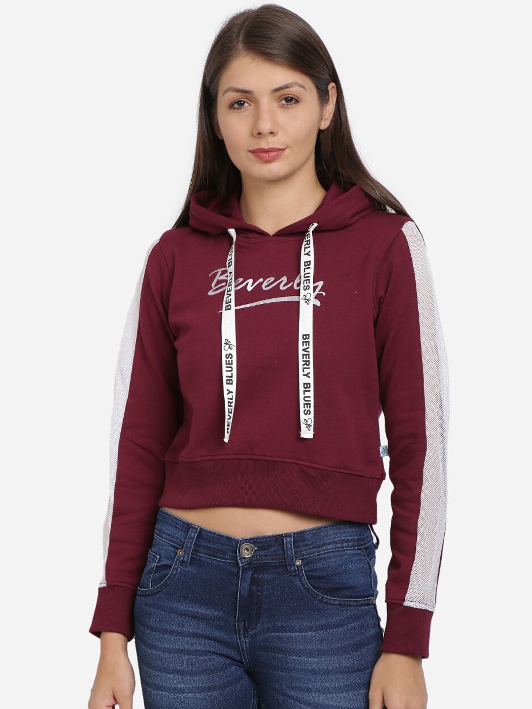 BEVERLY BLUES Women Maroon Brand Logo Printed Hooded Crop Sweat Shirt Price in India