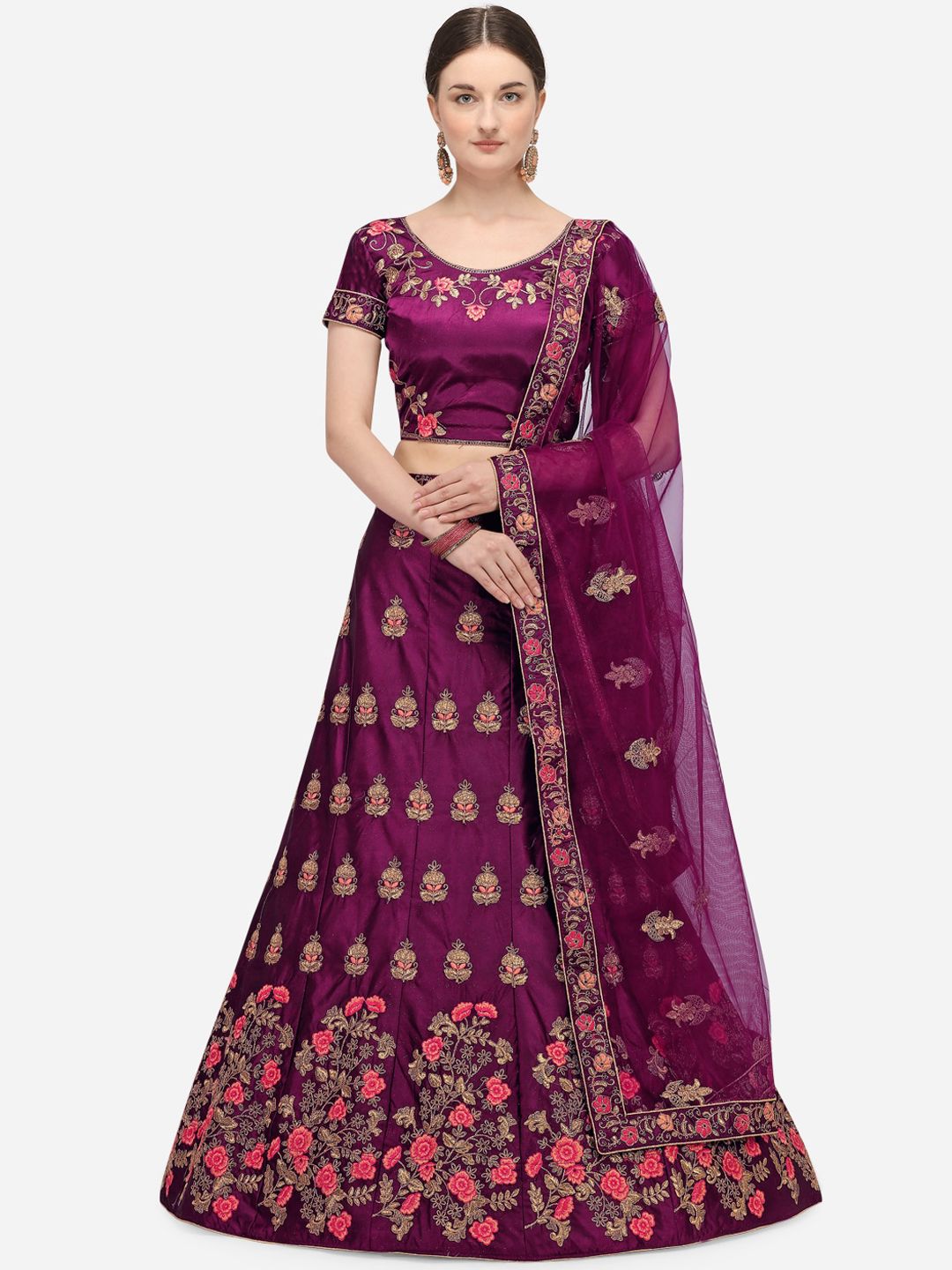 Netram Purple & Gold-Toned Embroidered Semi-Stitched Lehenga & Unstitched Blouse with Dupatta Price in India