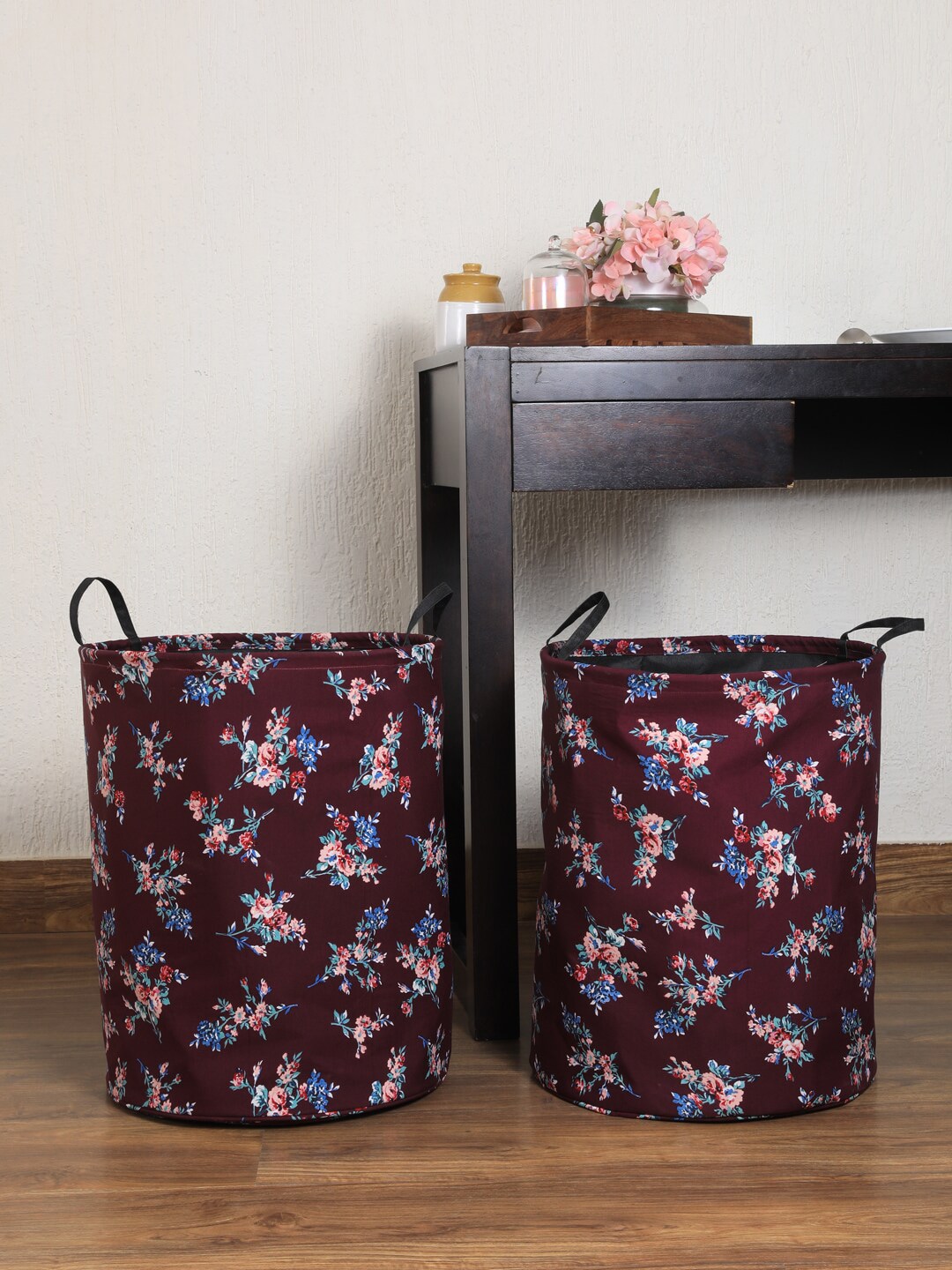 My Gift Booth Set Of 2 Maroon & Green Floral Printed Laundry Bags Price in India