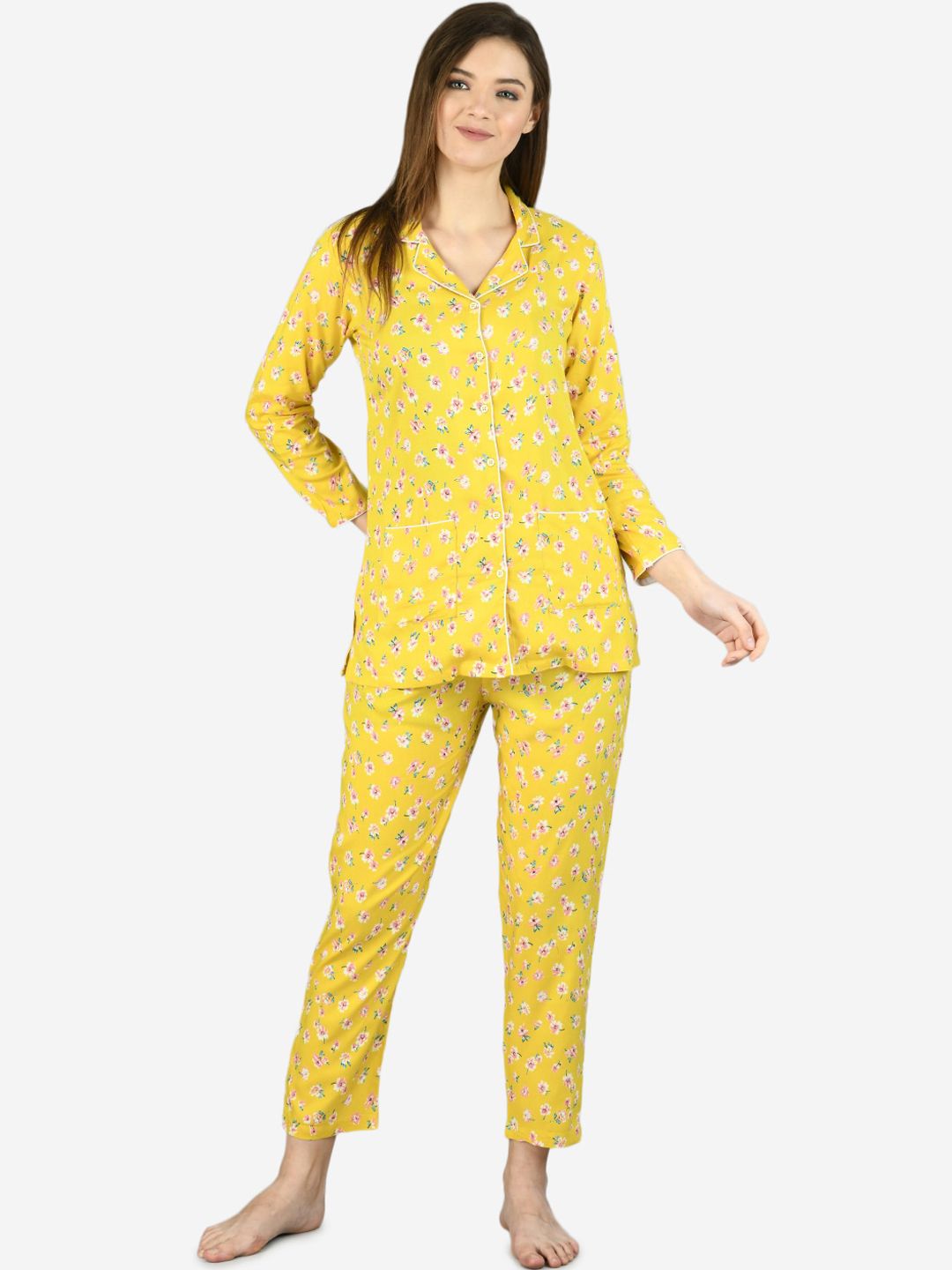 Myshka Women Yellow & White Printed Night suit Price in India