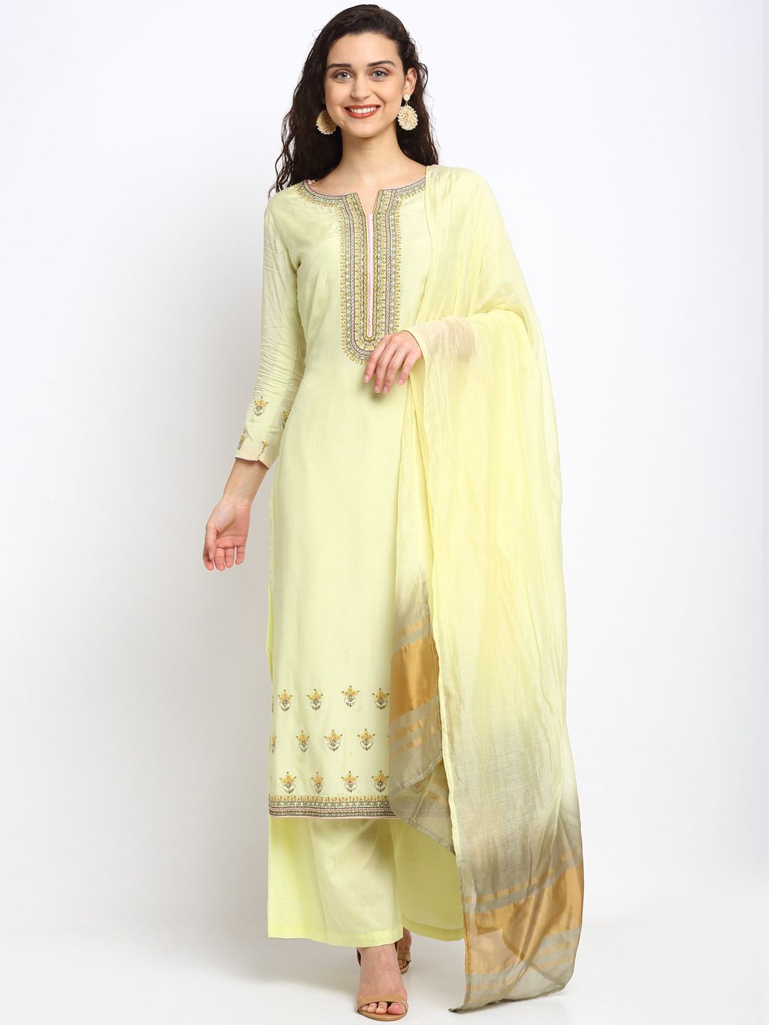 Stylee LIFESTYLE Yellow & Brown Cotton Blend Unstitched Dress Material Price in India