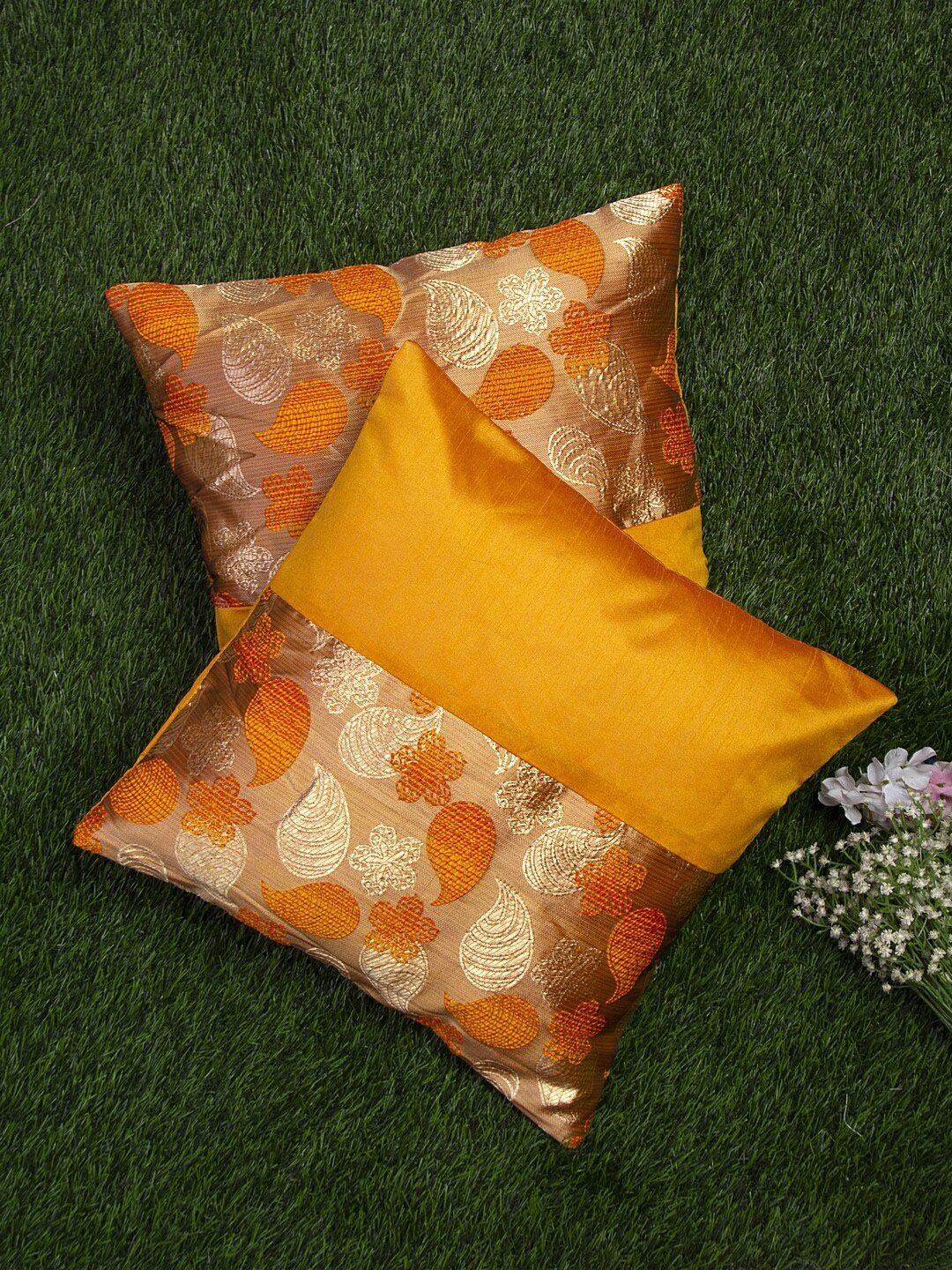 Alina decor Yellow & Gold-Toned Set of 2 Ethnic Motifs Square Cushion Covers Price in India