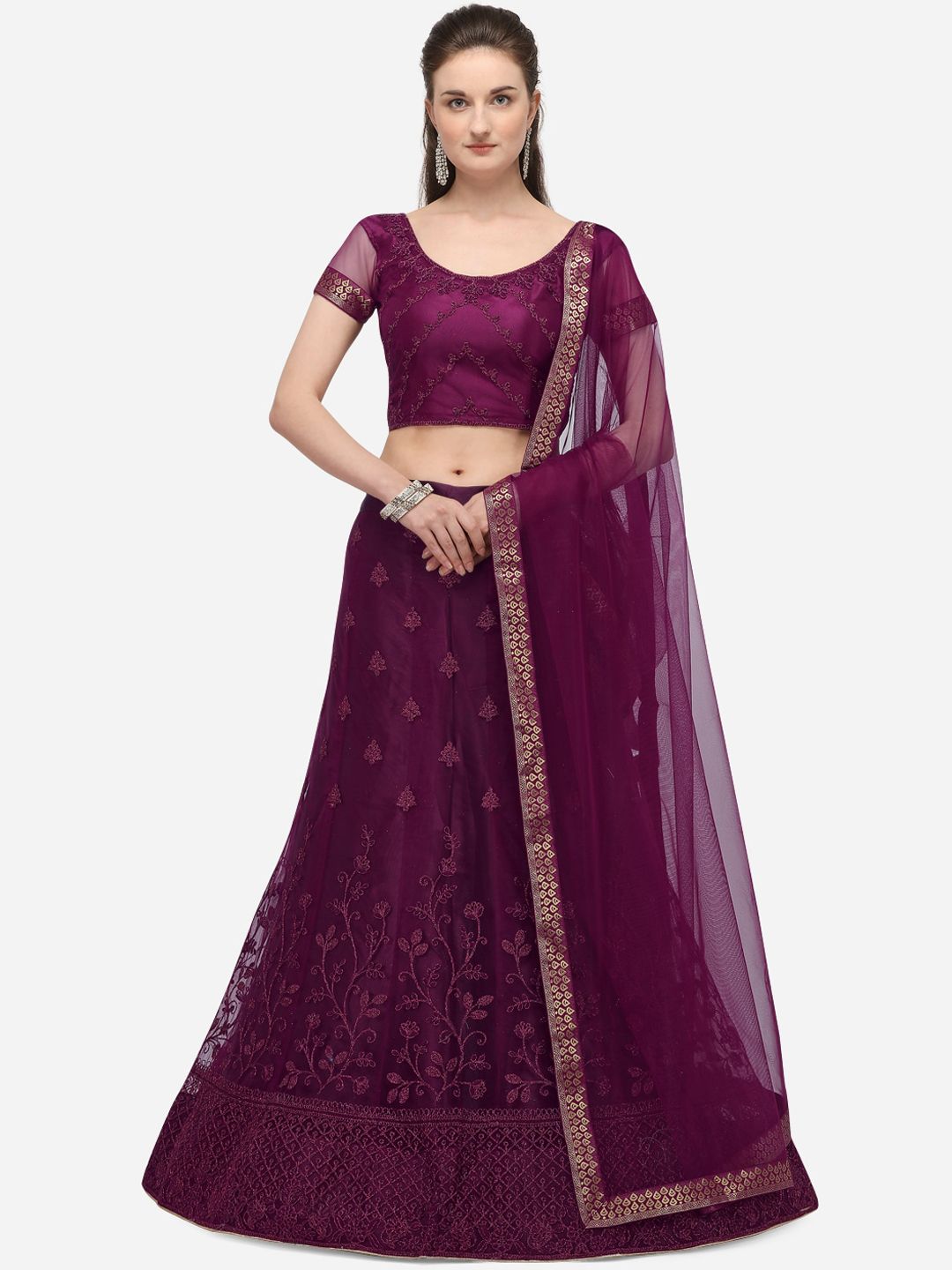 Netram Purple & Gold-Toned Embroidered Semi-Stitched Lehenga & Unstitched Blouse with Dupatta Price in India