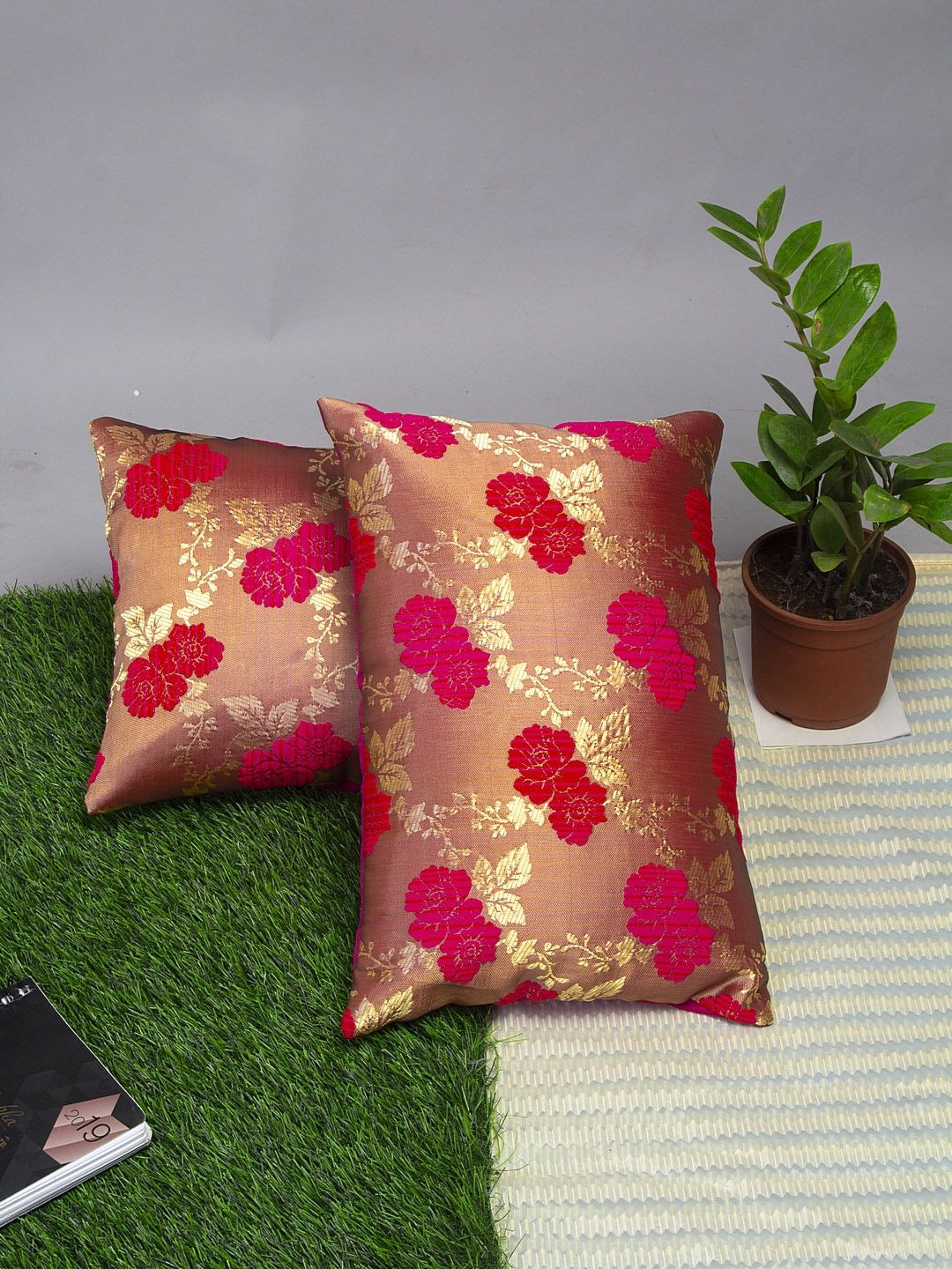 Alina decor Pink & Beige Set of 2 Ethnic Motifs Rectangle Cushion Covers Price in India