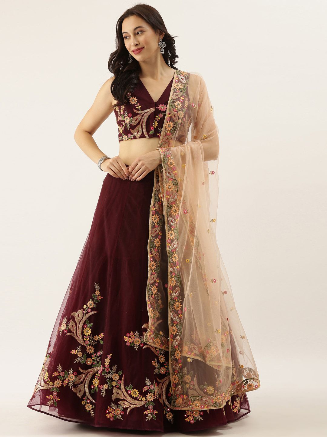 panchhi Burgundy & Cream-Coloured Embroidered Semi-Stitched Lehenga & Unstitched Blouse with Dupatta Price in India