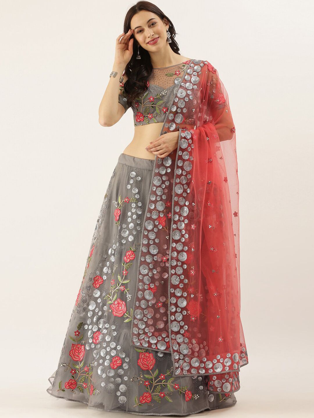 panchhi Grey & Peach-Coloured Embroidered Semi-Stitched Lehenga & Unstitched Blouse with Dupatta Price in India