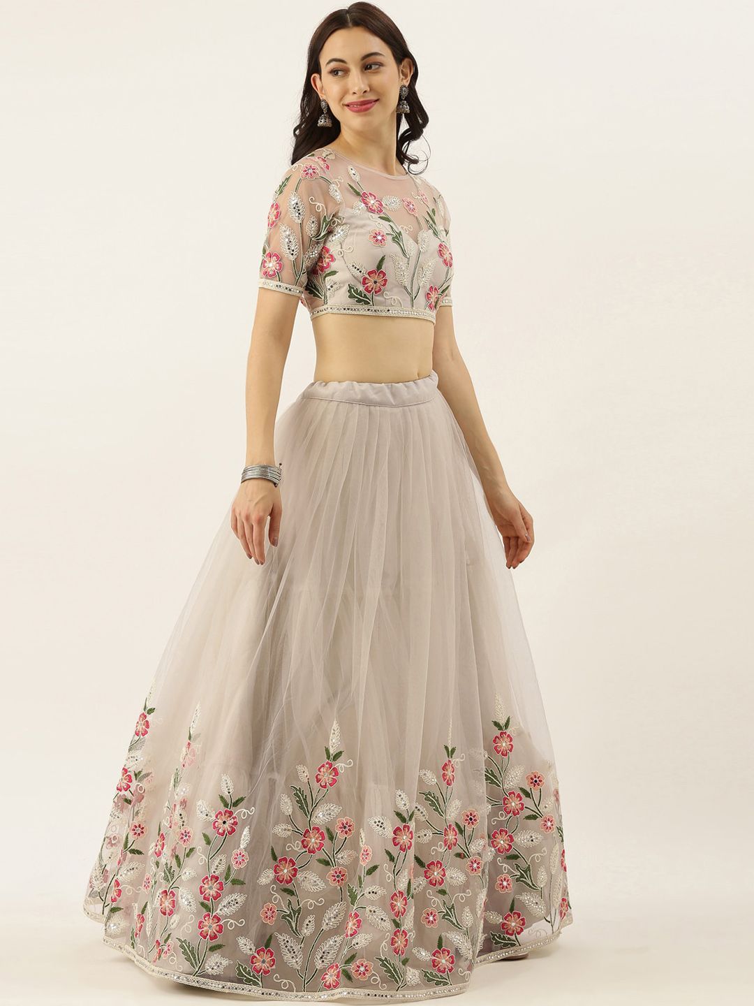 panchhi Grey & Peach-Coloured Embroidered Thread Work Semi-Stitched Lehenga & Unstitched Blouse With Dupatta Price in India