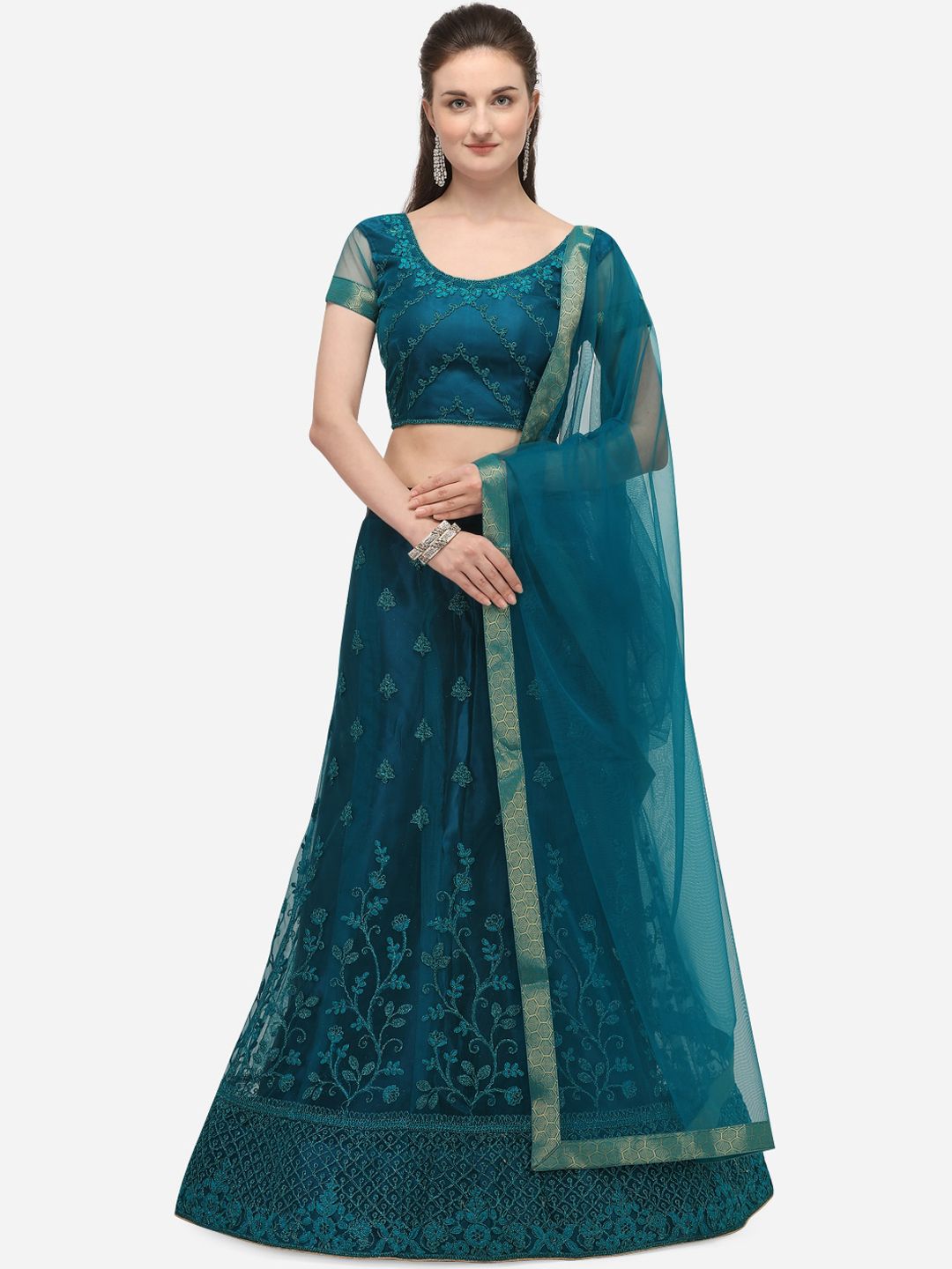Netram Teal & Gold-Toned Embroidered Semi-Stitched Lehenga & Unstitched Blouse with Dupatta Price in India