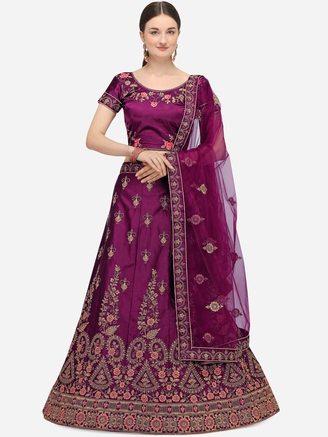 Netram Purple & Pink Embroidered Semi-Stitched Lehenga & Unstitched Blouse with Dupatta Price in India