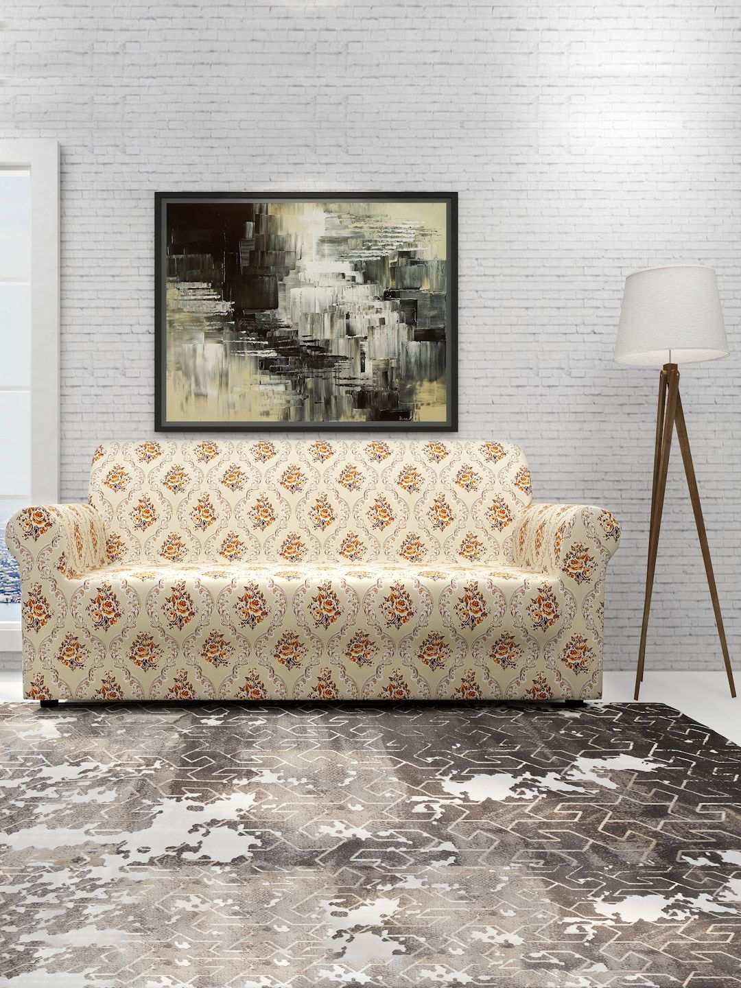 Cortina Beige & Brown Floral Printed 2-Seater Super-Stretchable Non-Slip Sofa Slipcover Price in India