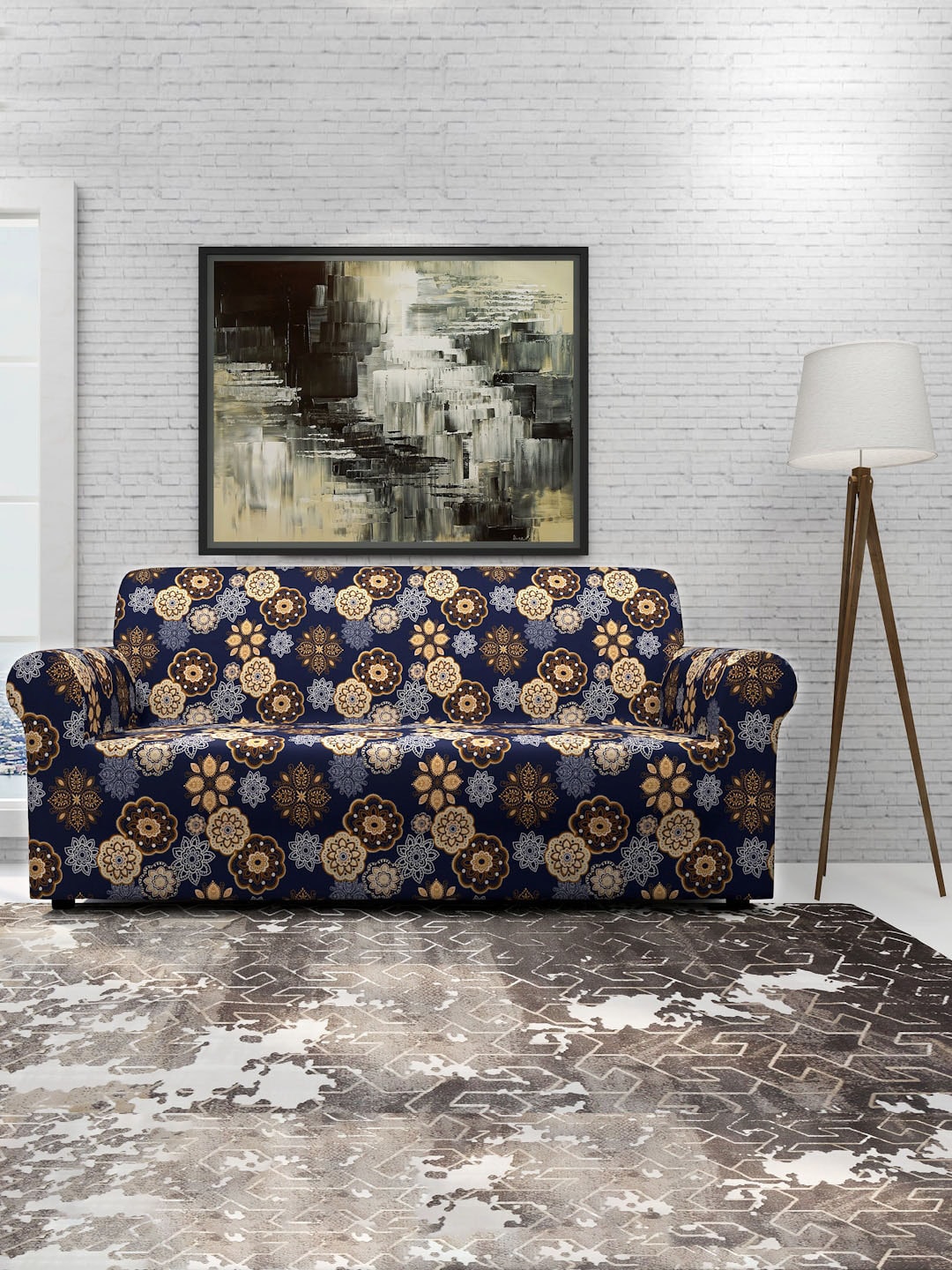 Cortina Navy Blue & Beige Floral Printed 2-Seater Super-Stretchable Non-Slip Sofa Slipcover Price in India