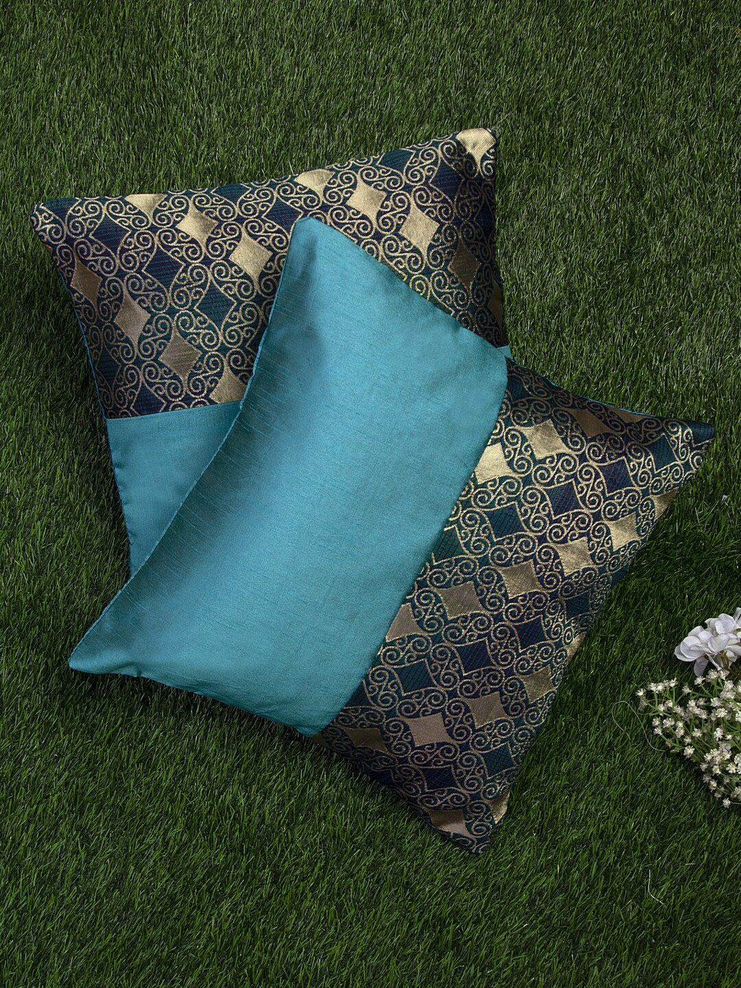 Alina Decor Teal Blue & Gold Set of 2 Ethnic Motifs Square Cushion Covers Price in India