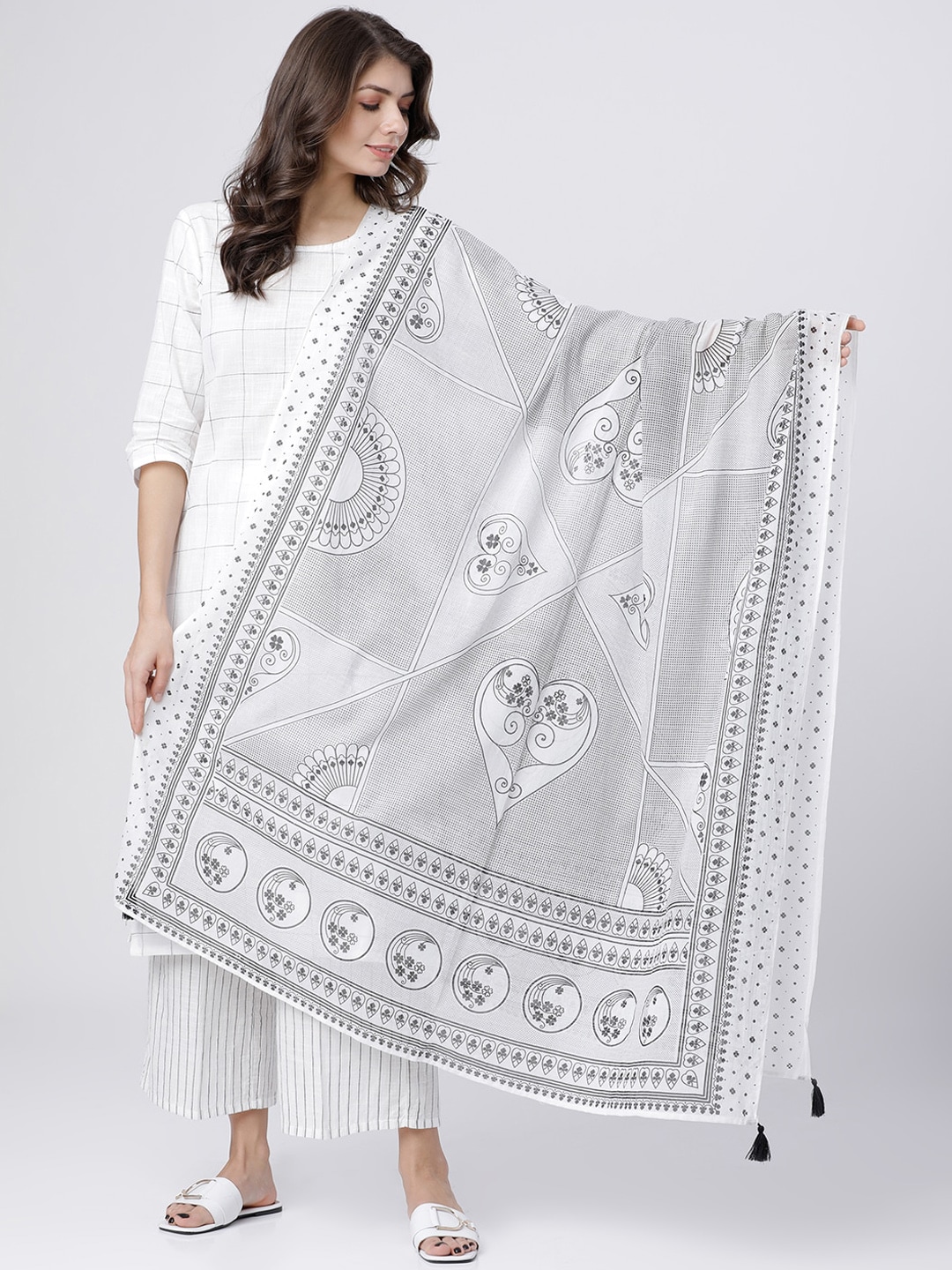 Vishudh Off-White & Black Printed Cotton Dupatta Price in India