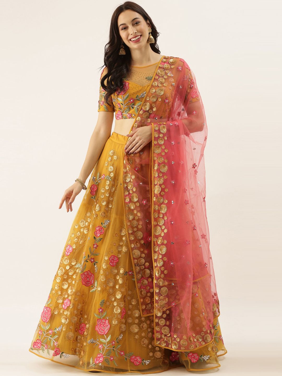 panchhi Mustard & Pink Embroidered Semi-Stitched Lehenga & Unstitched Blouse with Dupatta Price in India