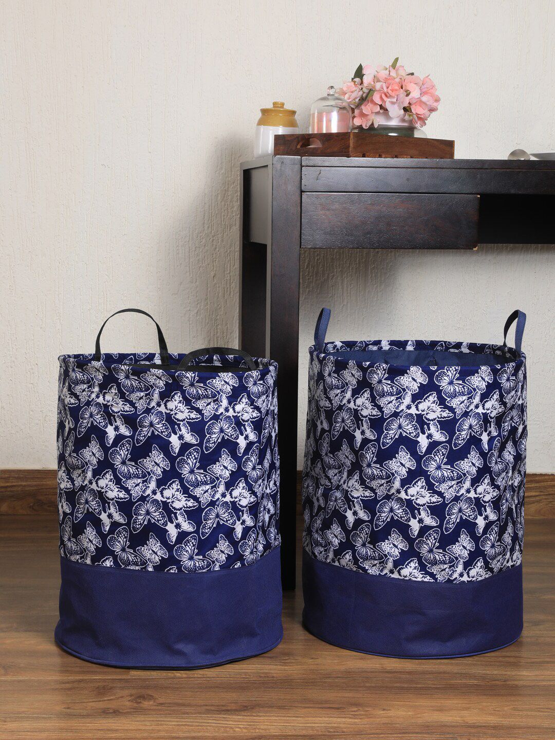 My Gift Booth Set Of 2 Navy Blue & White Butterfly Printed Laundry Bags Price in India