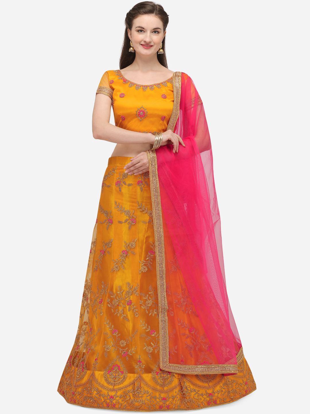 Netram Yellow & Pink Embroidered Semi-Stitched Lehenga & Unstitched Blouse with Dupatta Price in India