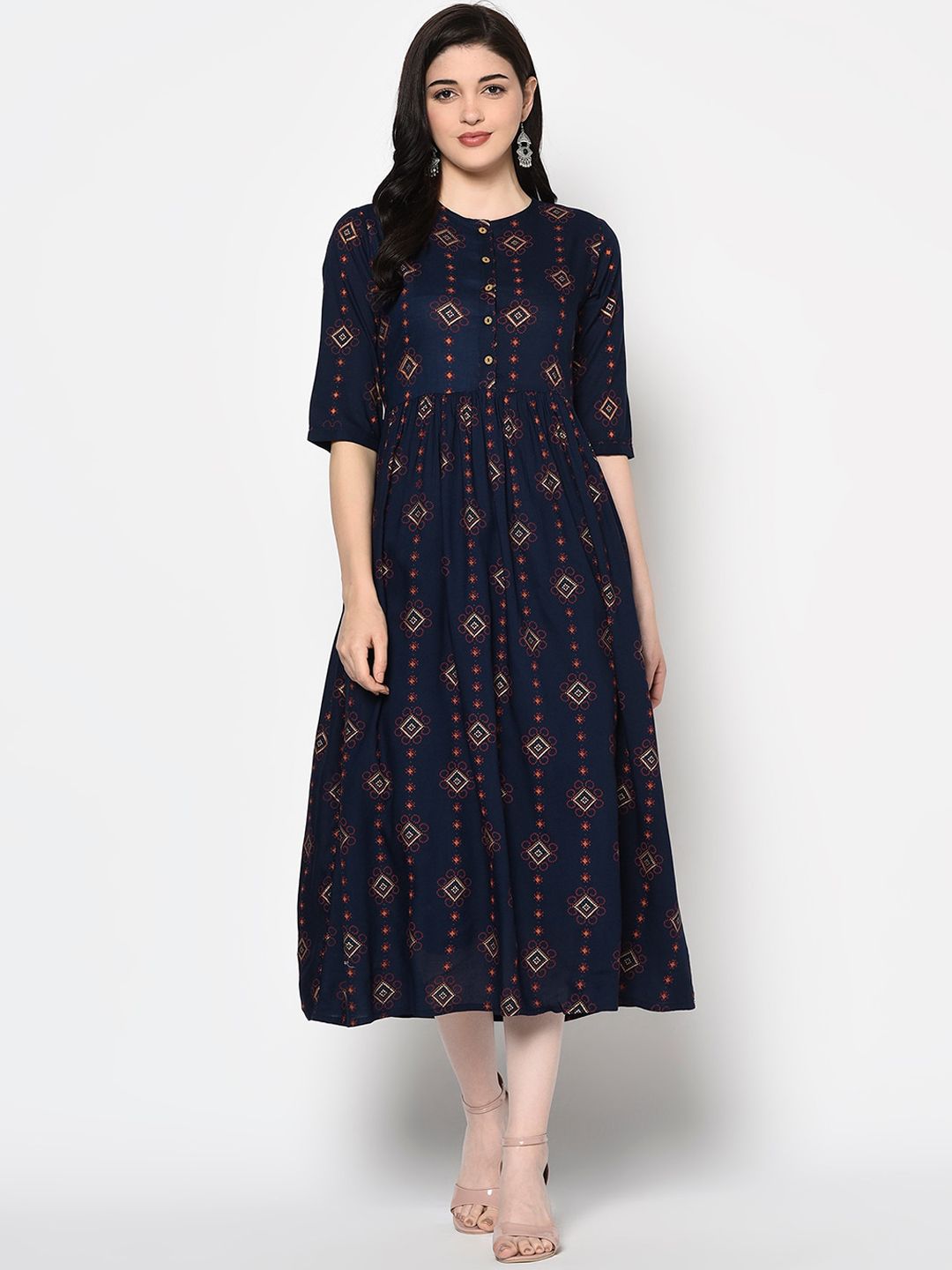 GULMOHAR JAIPUR Women Navy Blue & Yellow Printed A-Line Dress Price in India