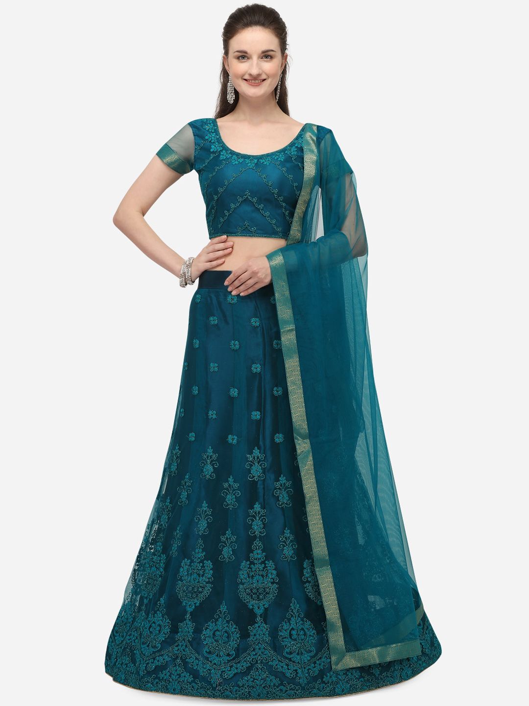 Netram Teal Blue Semi-Stitched Lehenga & Blouse with Dupatta Price in India