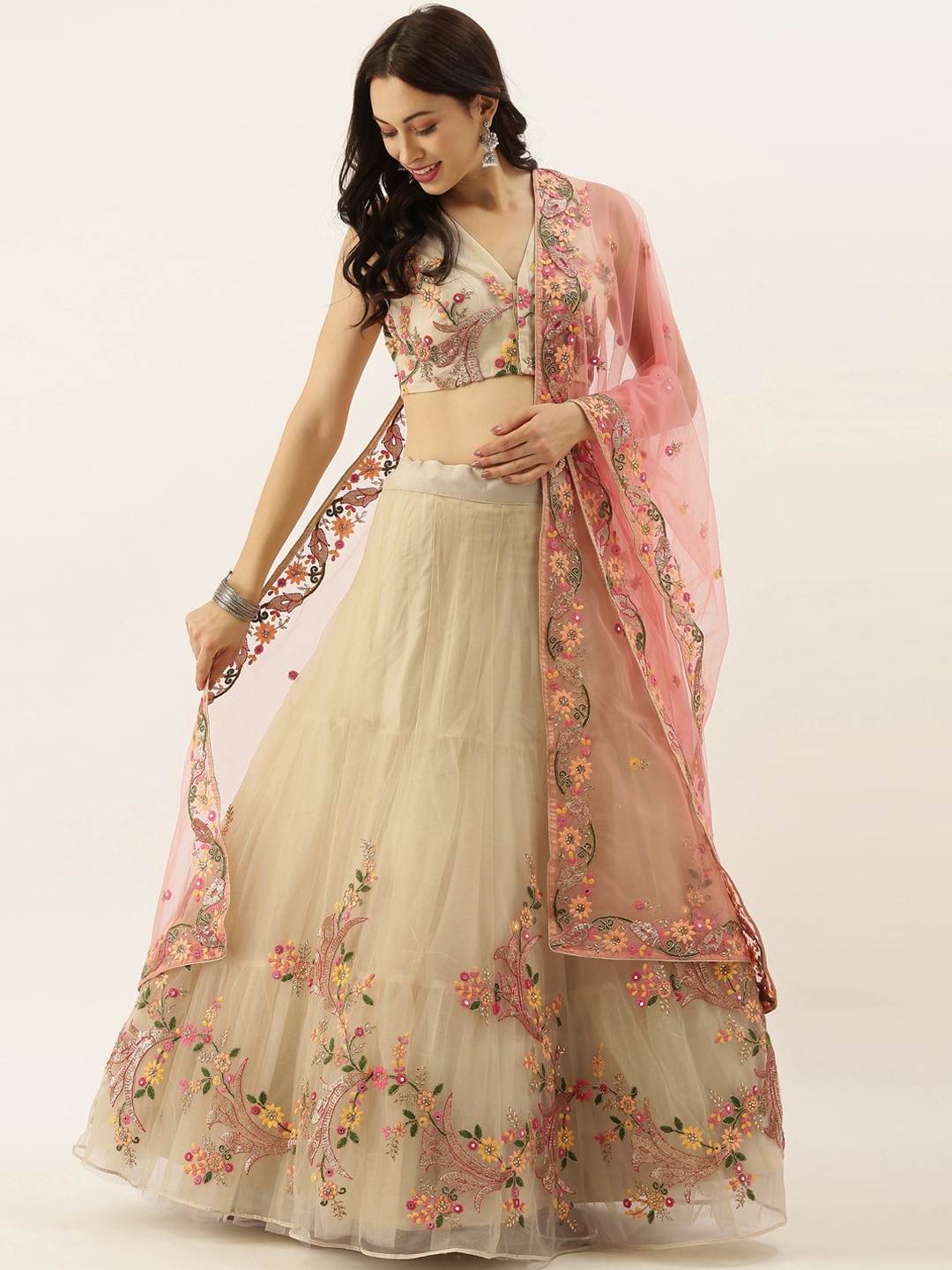 panchhi Cream-Coloured & Yellow Embroidered Semi-Stitched Lehenga & Unstitched Blouse with Dupatta Price in India