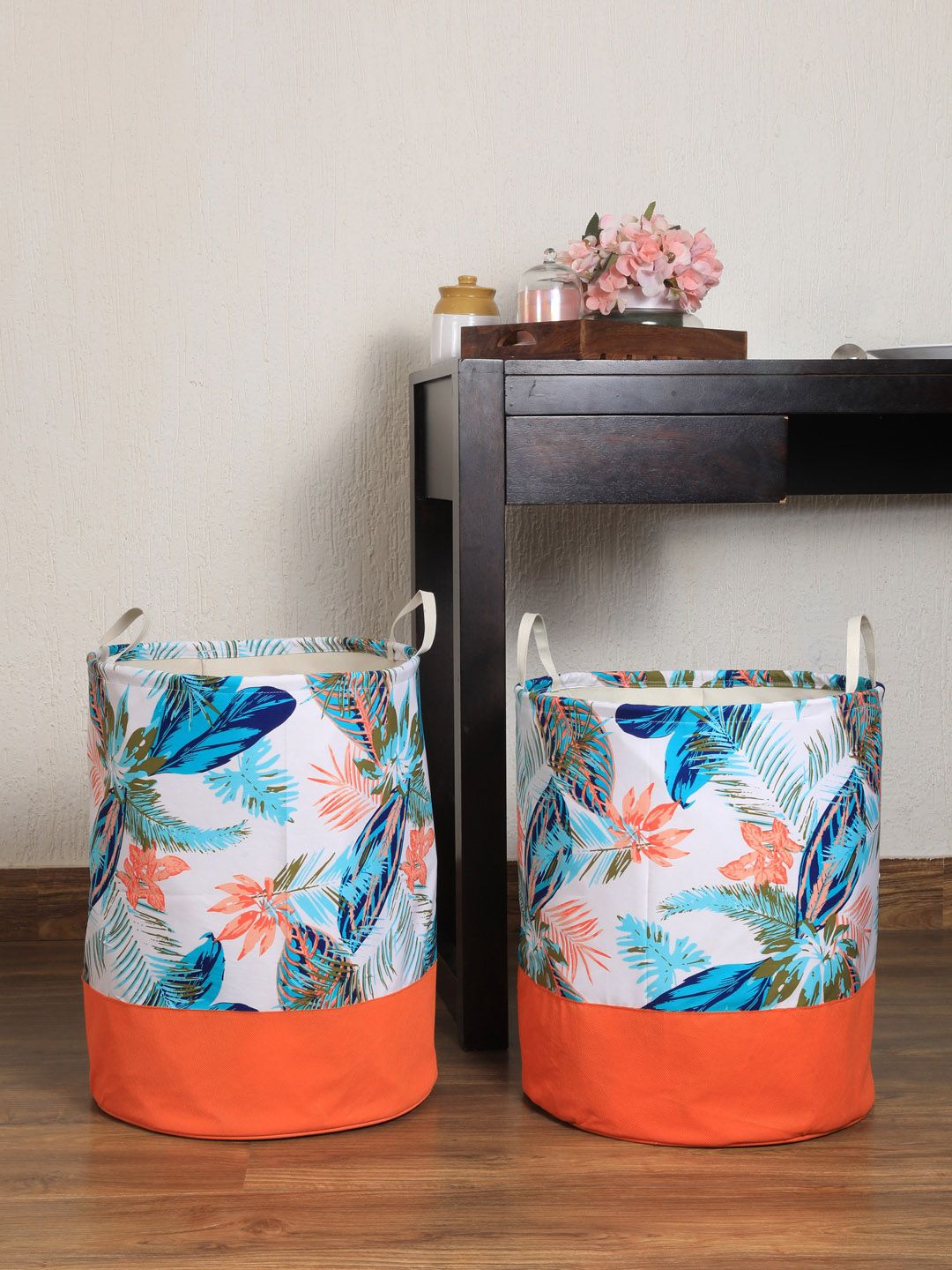 My Gift Booth Set Of 2 White & Blue Leaf Printed Laundry Bag With Handles Price in India