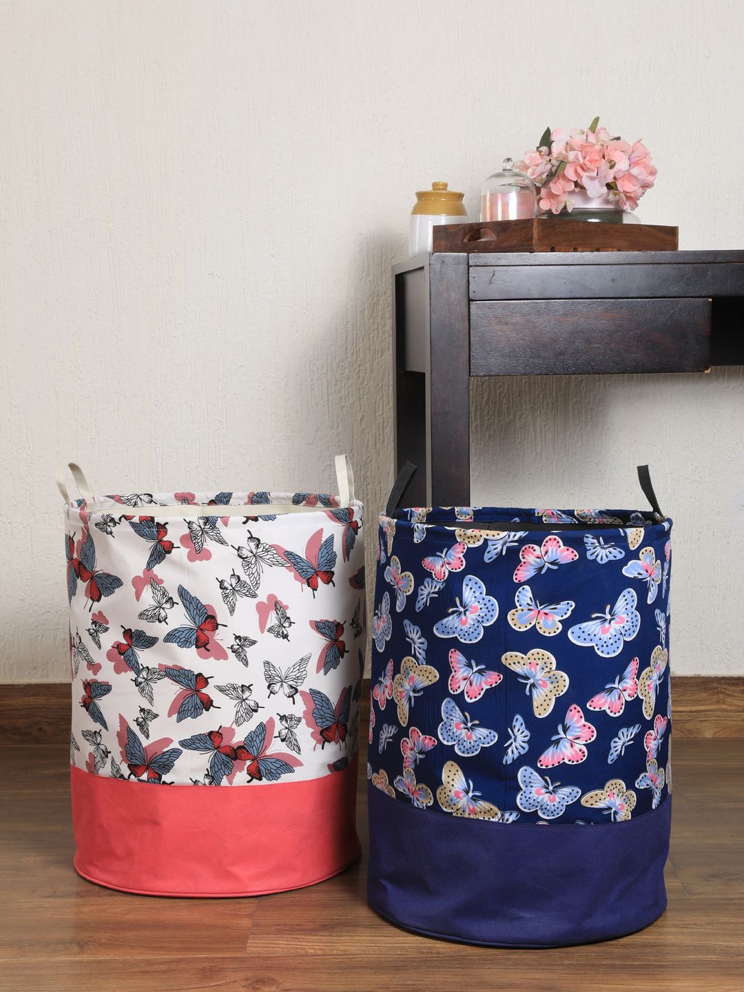 My Gift Booth Set Of 2 Off- White & Blue Butterfly Printed Laundry Bags Price in India